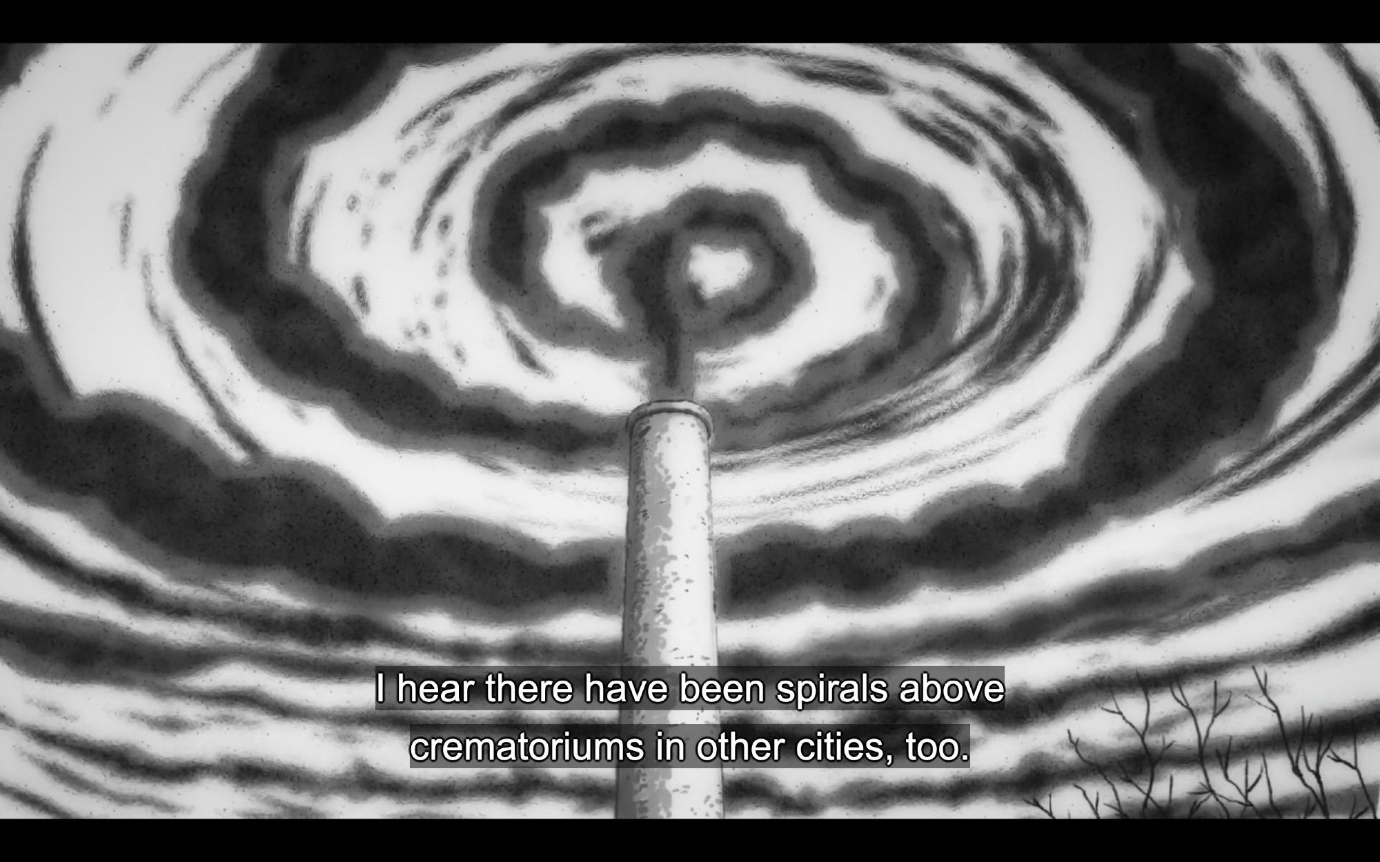 Crematorium smoke makes a spiral shape as the subtitle reads "I hear there have been sprirals above crematoriums in other cities too"