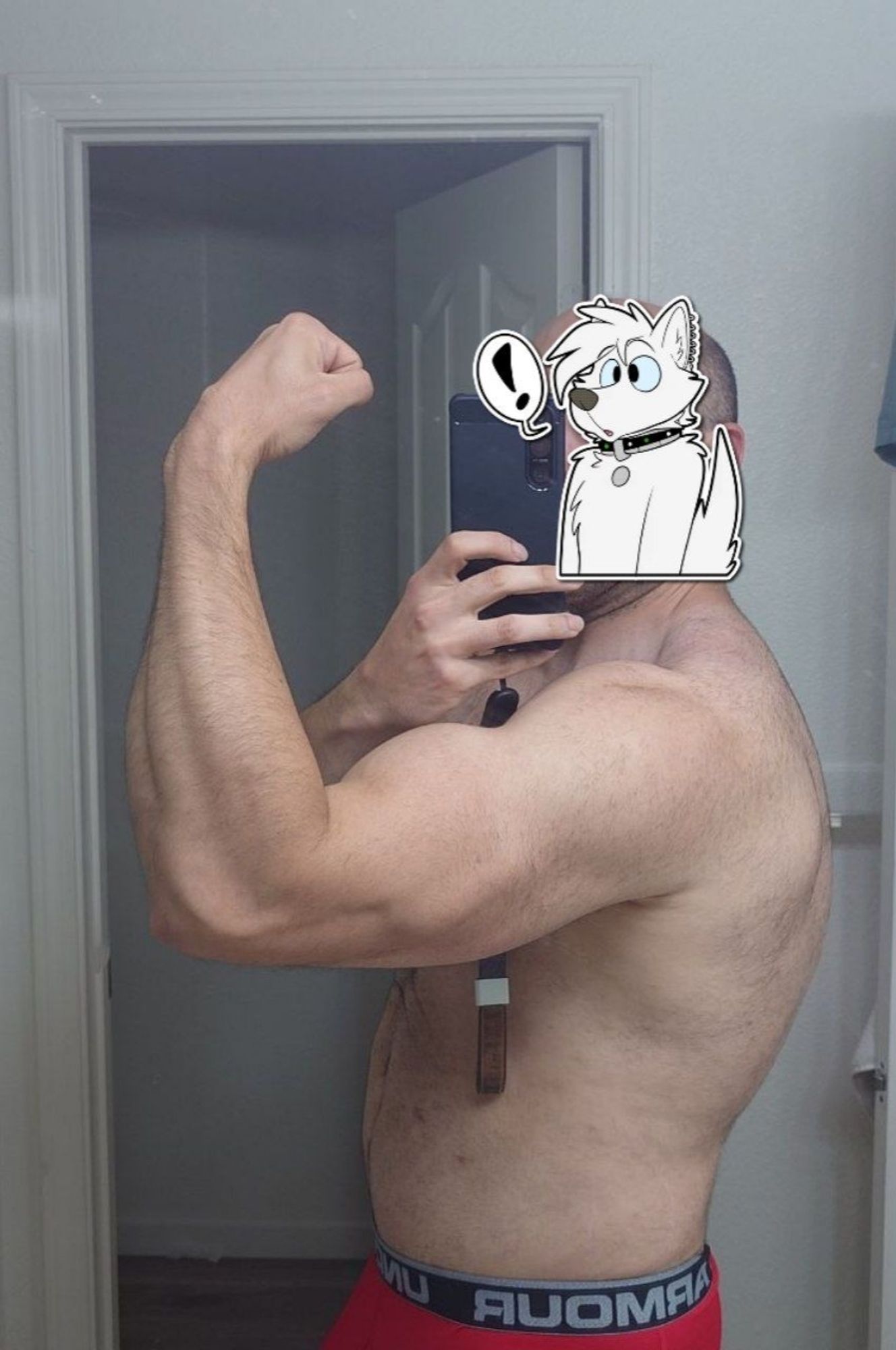 In front of a mirror with arm flexed sideways stands ice-wolf.