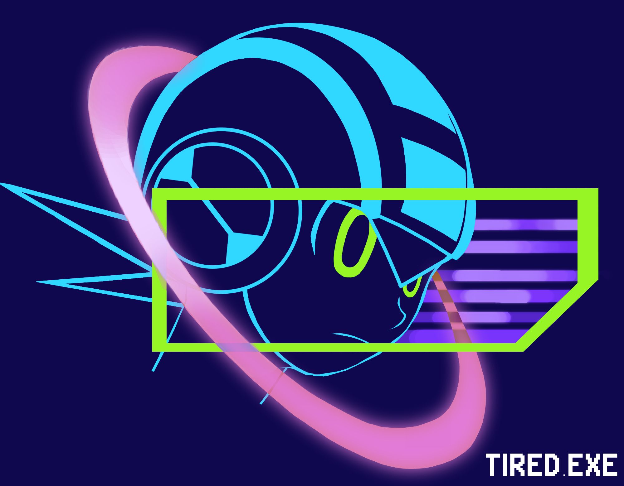 MegaMan.EXE achieving Full Synchro! He is facing forward, behind a green boarder, with purple lines inside of the boarder in front of his face. The outline of his face is a light blue, with his eyes being green, and a pink ring around his head.