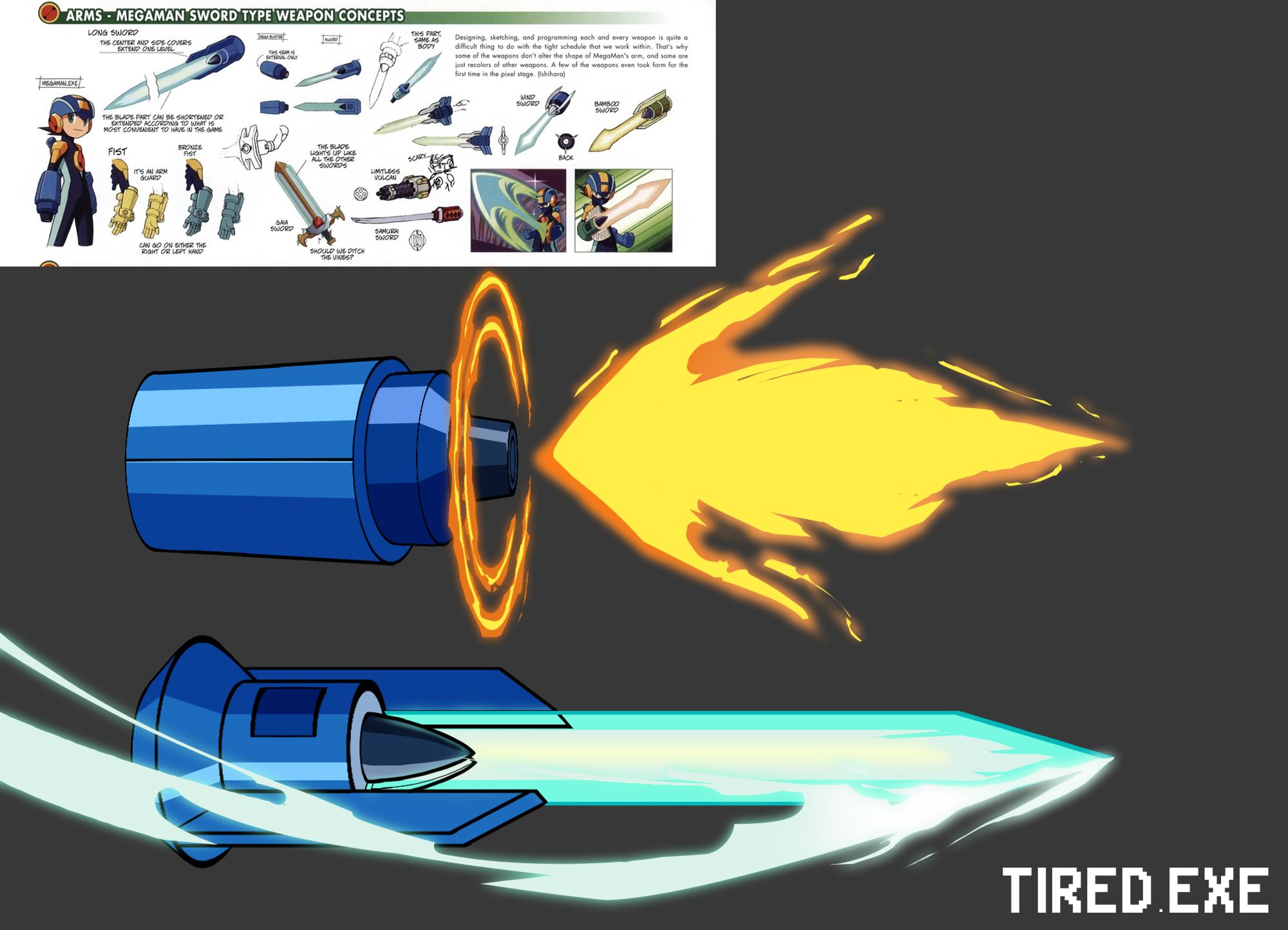 A Battle Network Study where I draw the MegaBuster firing a yellow blast, along with a sword with a white slash!