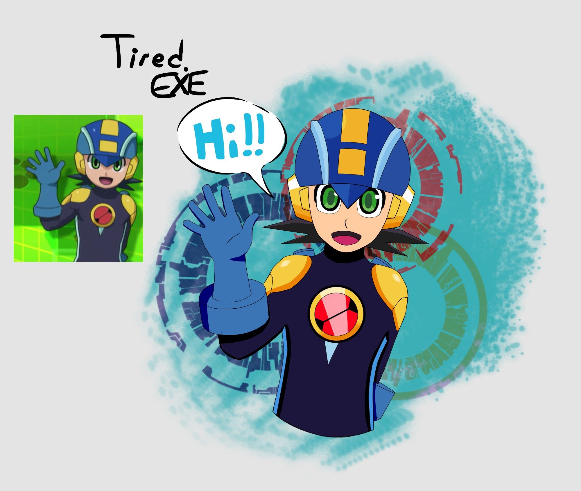 MegaMan.EXE waving the to the view! He is in front of 3 digital rings that are blue, green and red and a light blue background encompassing his body and the rings. MegaMan is waving with is right hand, and his body is angled to the left. There is a word bubble above his hand that reads, "Hi!!".