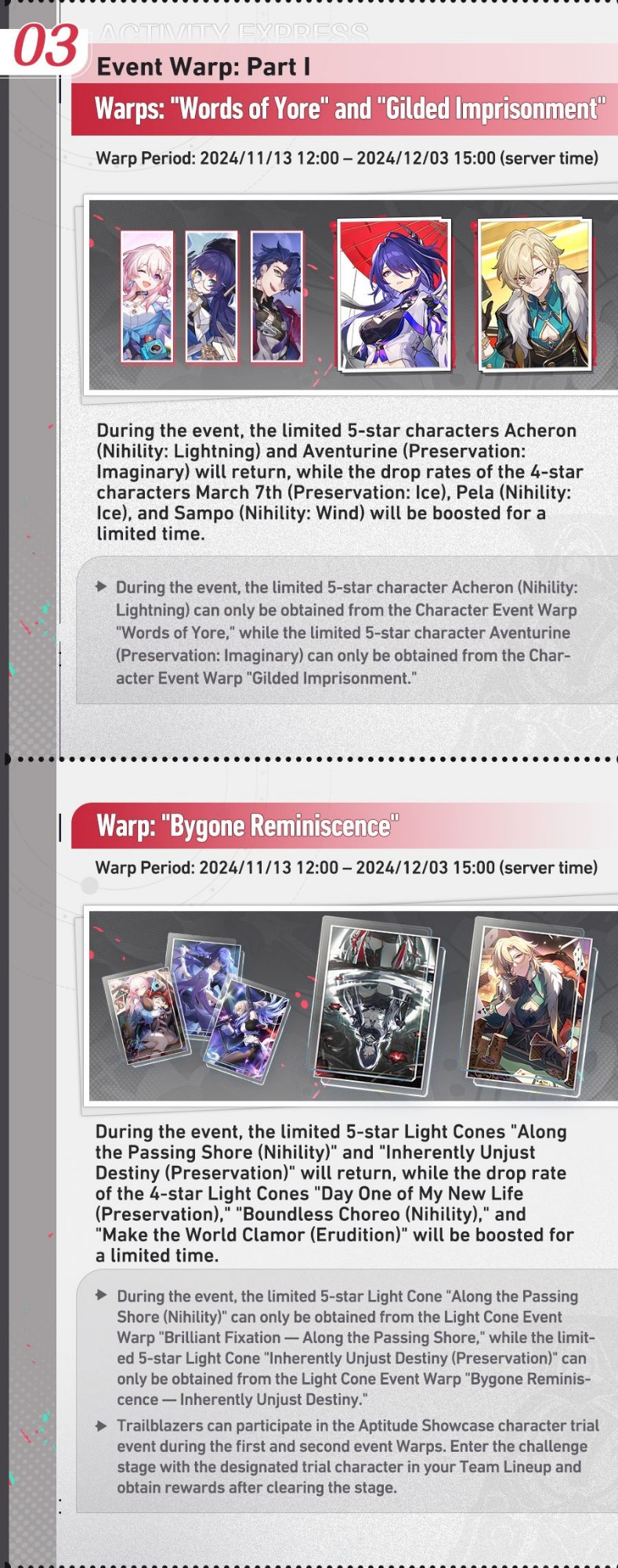 image from hoyolab discussing version 2.6's second warp banner event featuring acheron and aventurine