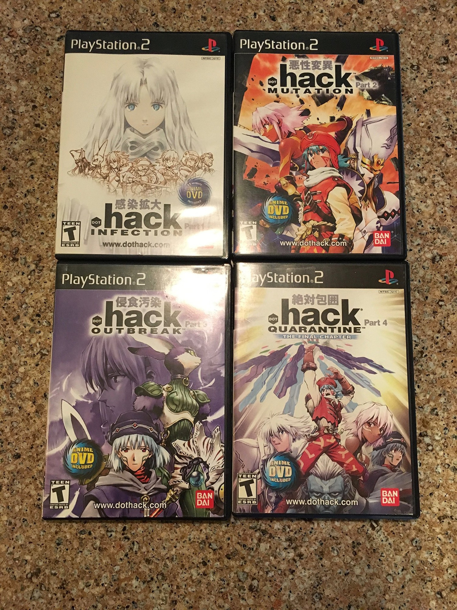 The covers of the game .Hack// Infection, Mutation, Outbreak, and Quarantine