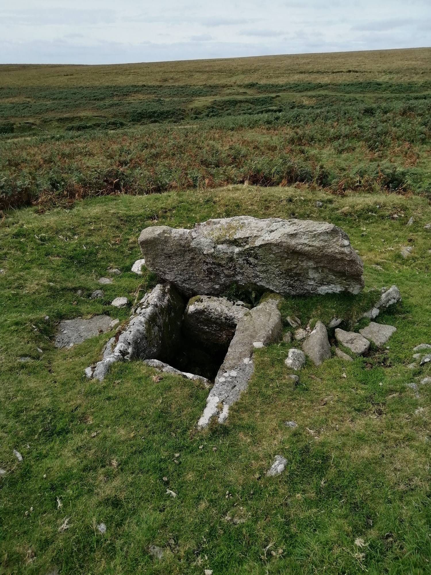 Four grey stones surrounding a square hole with a large stone on top which has been pushed aside. The cist is surrounded by grass with moors in the background and cloudy sky.