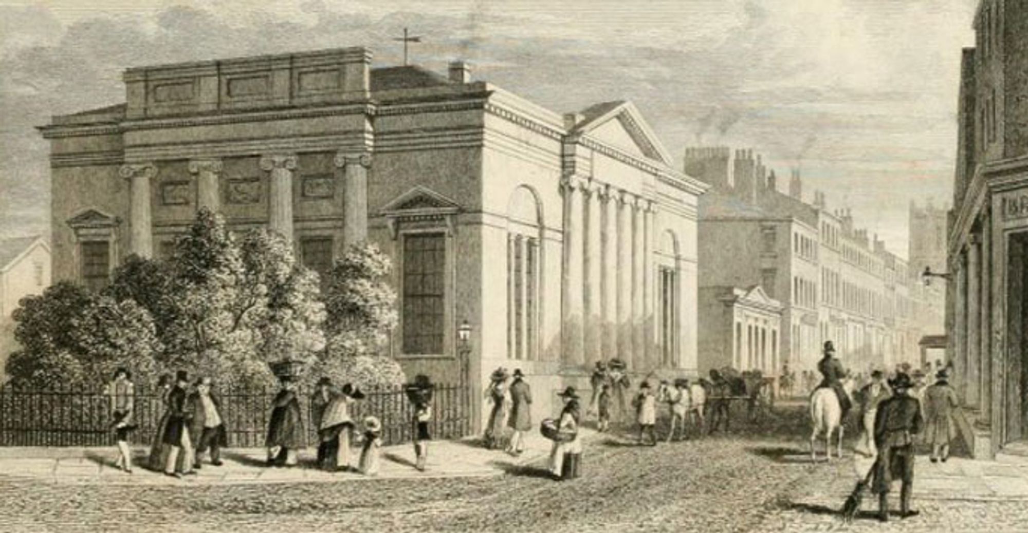 An antique engraving of the Lyceum Library on Bold Street, Liverpool