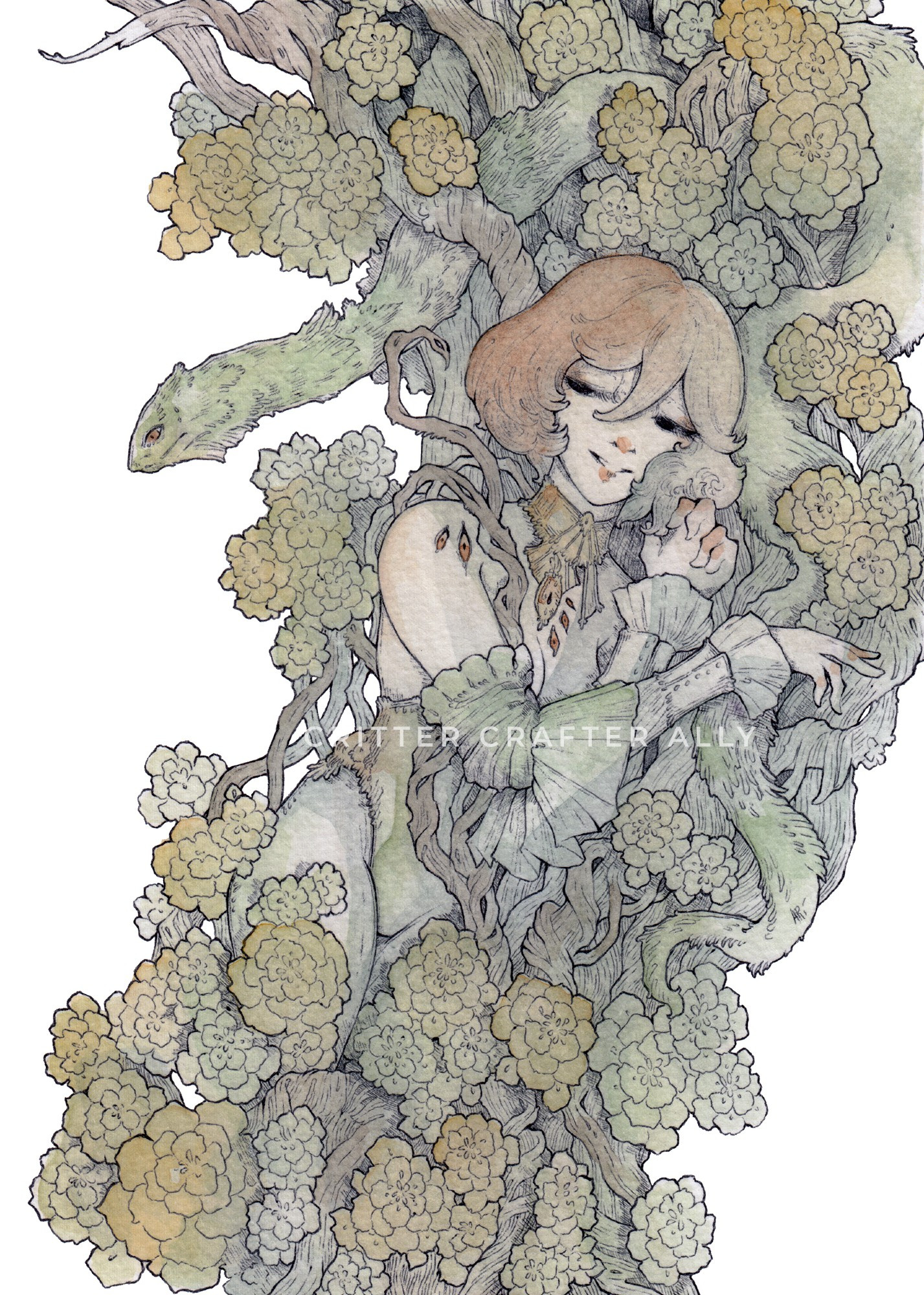 Ballpoint pen and watercolor artwork of a woman laying against an overgrowth of yellow flowers and branches, with a green serpent