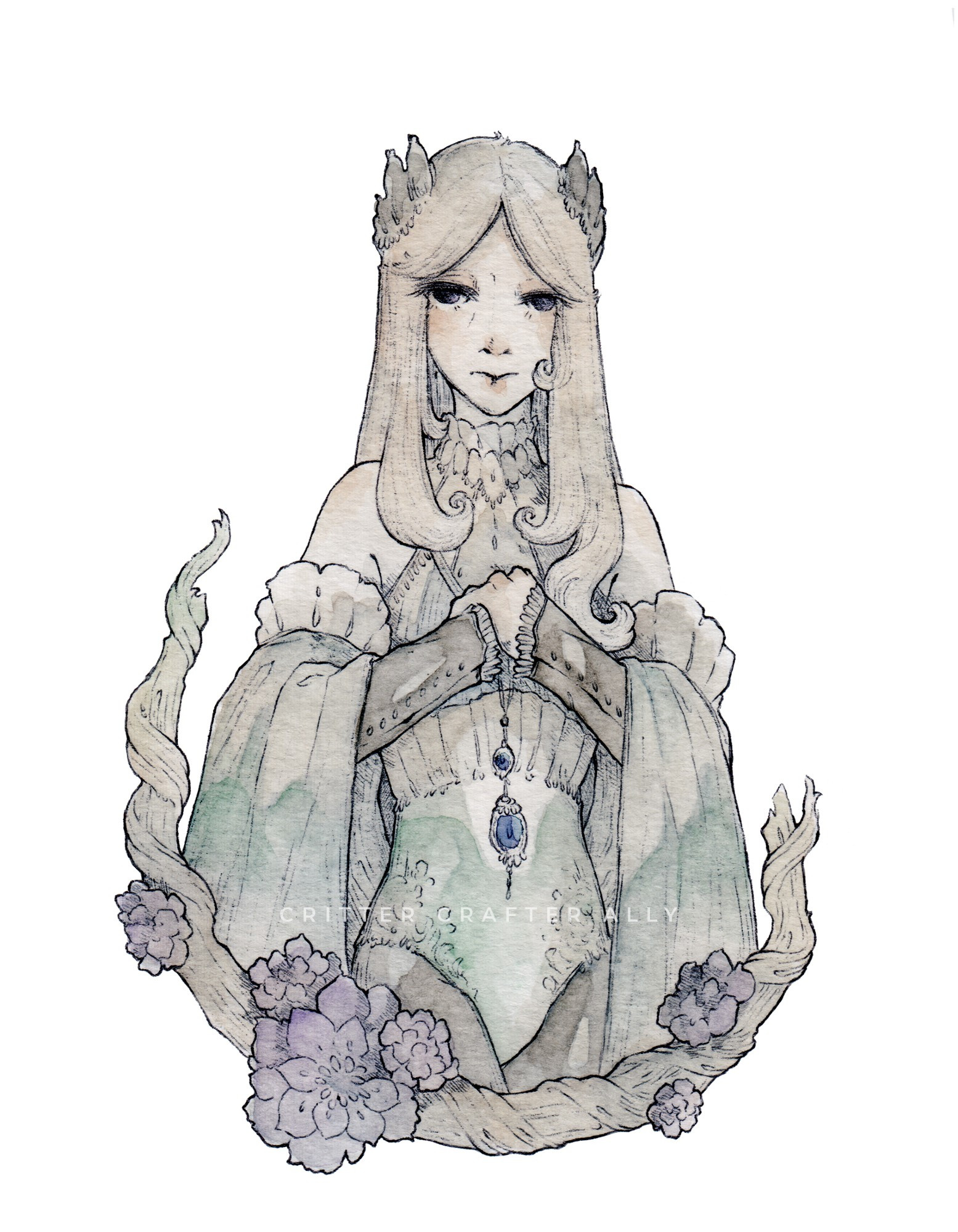 Ballpoint pen and watercolor artwork of original character Rohellé, a child of a divine being with the appearance of an androgynous young man with long pale hair, purple eyes, and green robes, clutching a string of blue jewels