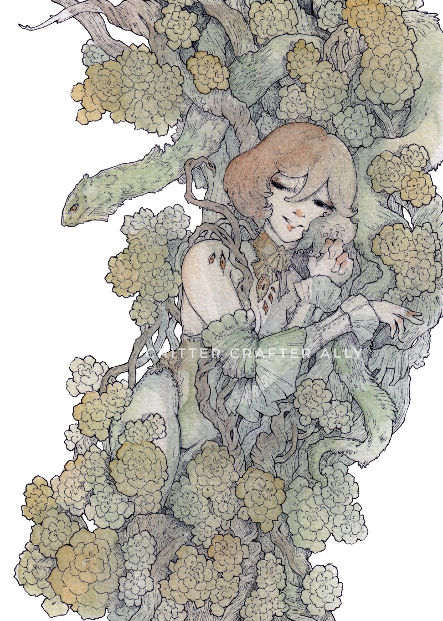 Ballpoint pen and watercolor artwork of a woman laying on an overgrowth of flowers and branches, with a green serpent