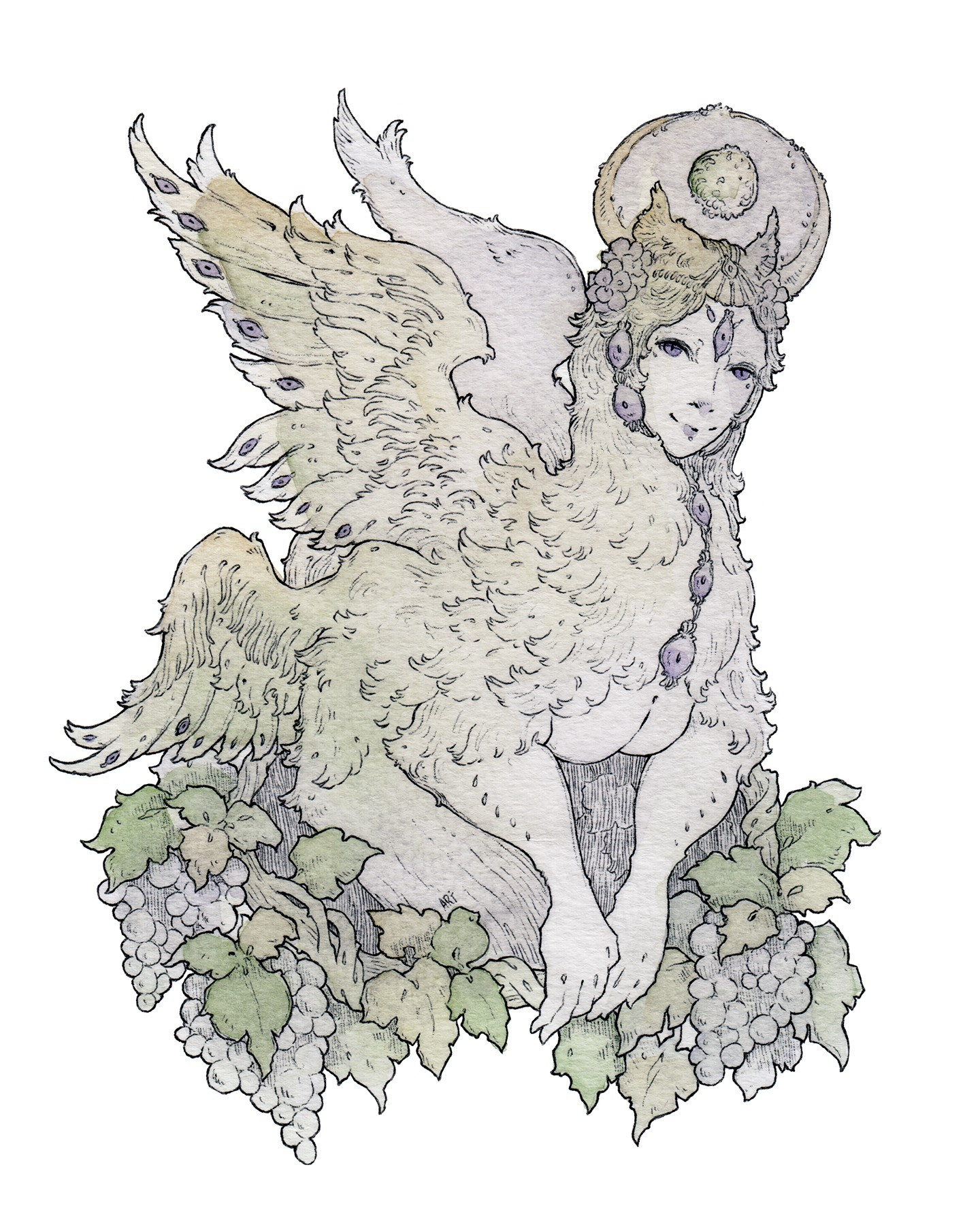 Ballpoint pen and watercolor artwork of an angelic being with four wings and purple eyes, surrounded by a ring of grapes