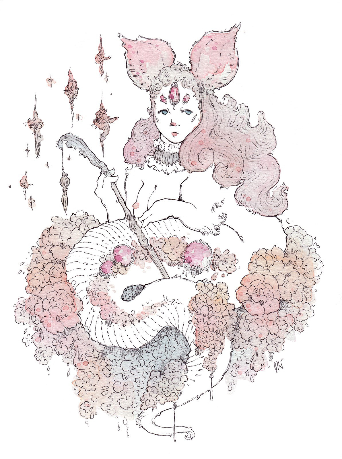 Traditional ballpoint pen and watercolor artwork of a worm-like critter with pink hair surrounded by multicolored flowers