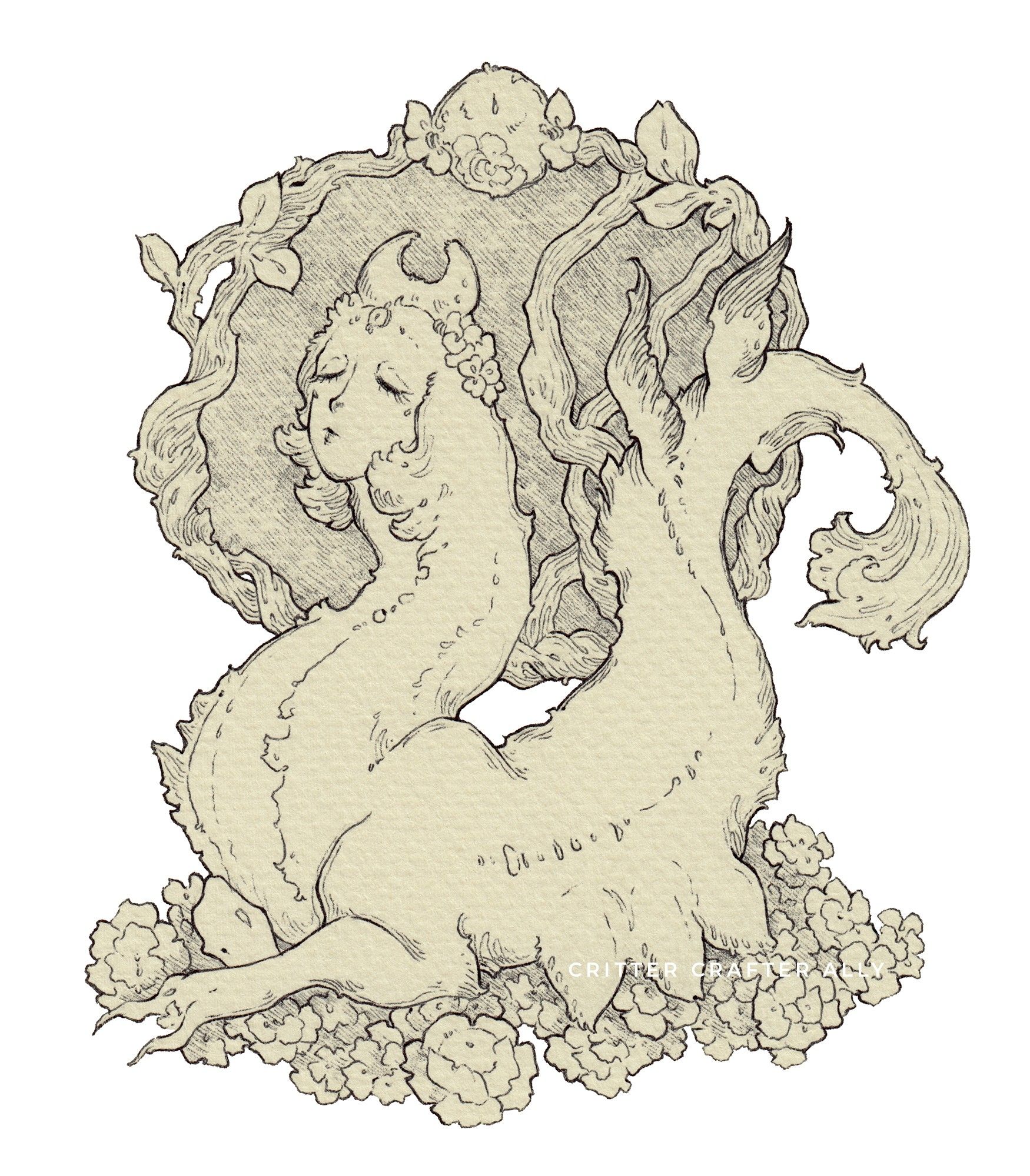 Ballpoint pen drawing on ivory colored paper of a human-faced worm with clawed forelimbs and horns in the shape of a crescent moon, sitting on a pile of flowers with a window made of branches behind them