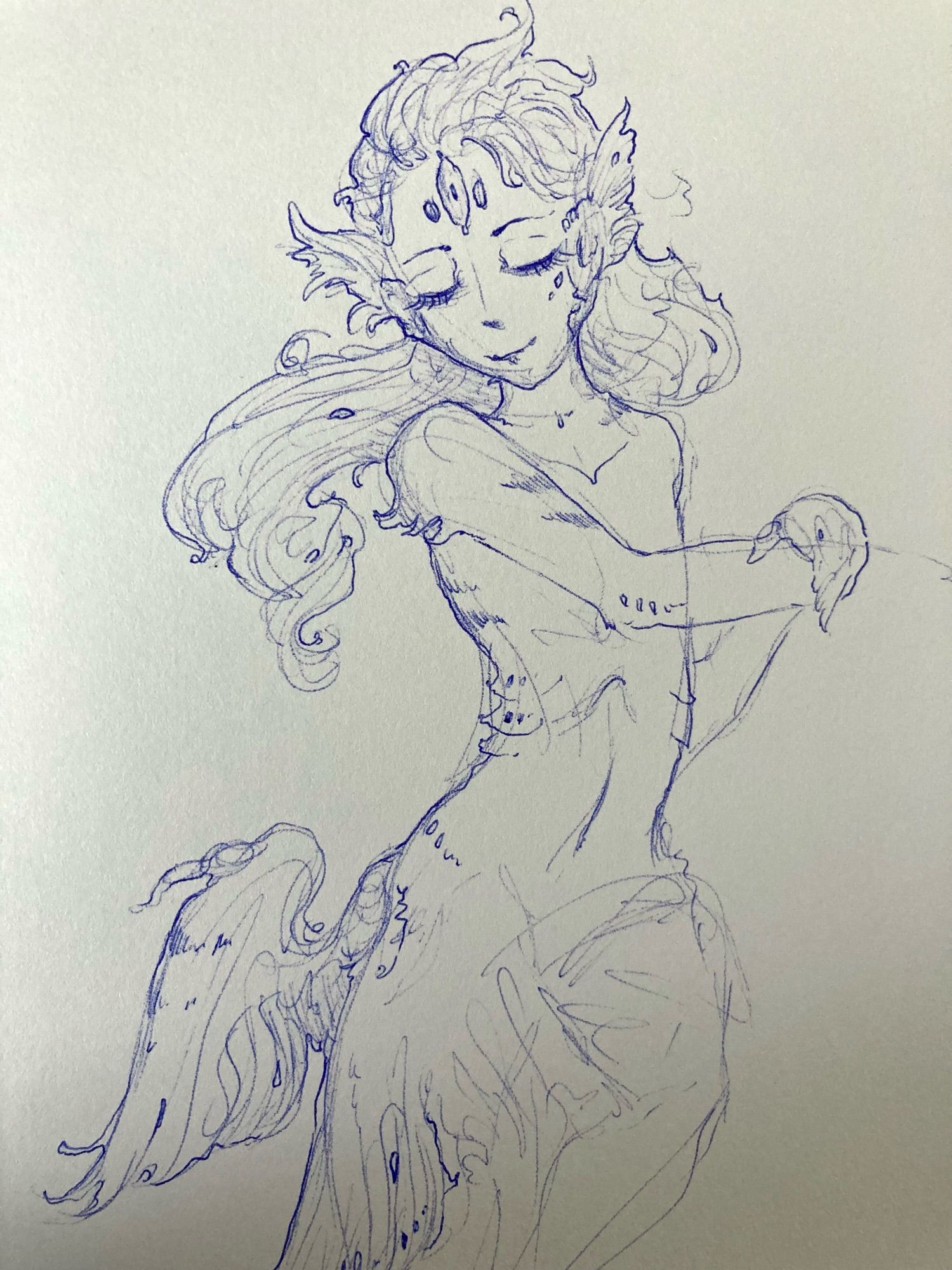 Ballpoint sketchbook drawing of merfolk with stripes and a feathered fin