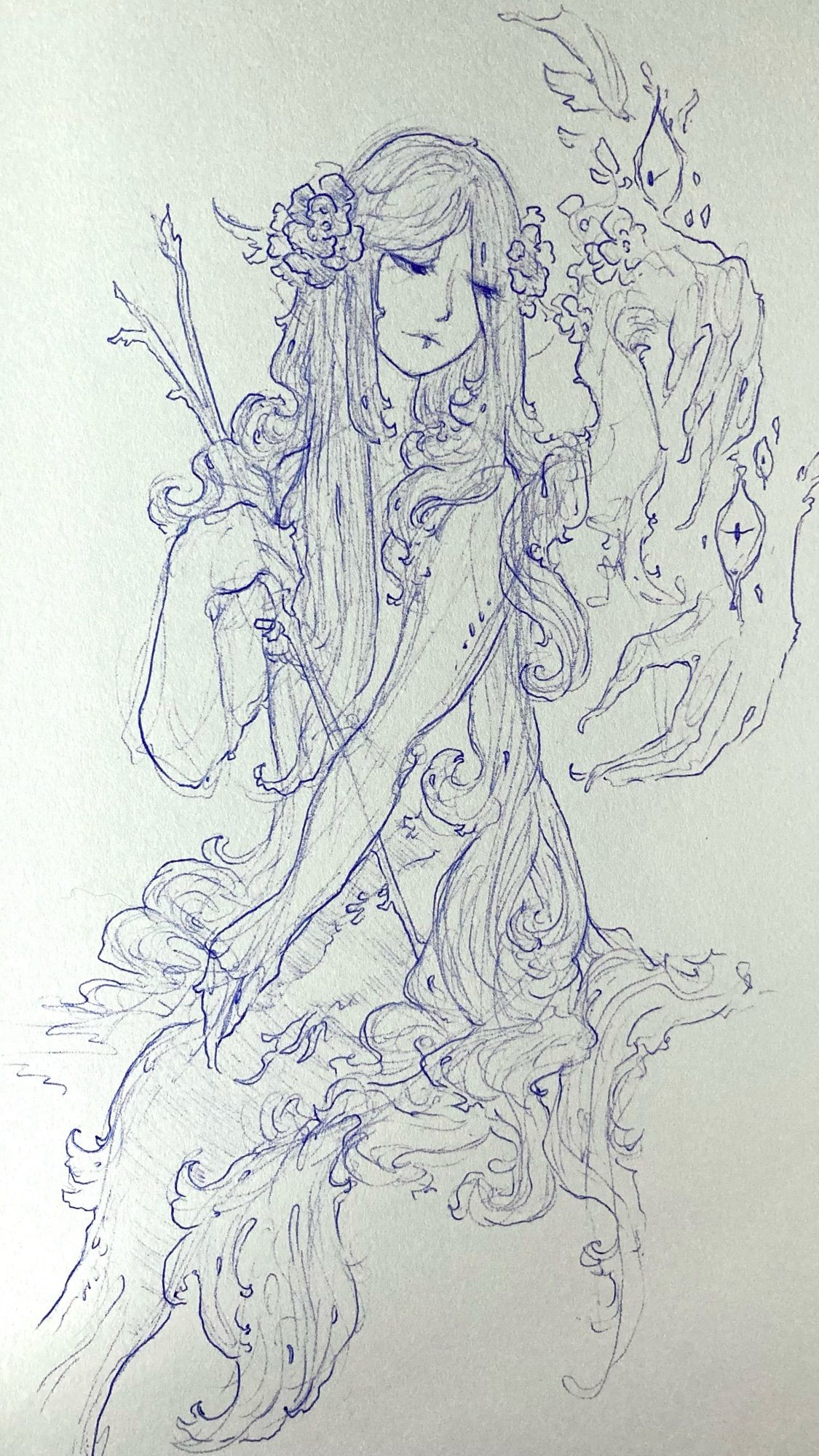 Ballpoint pen sketchbook drawings of a sitting merman with long hair greeted by disembodied hands and eyes