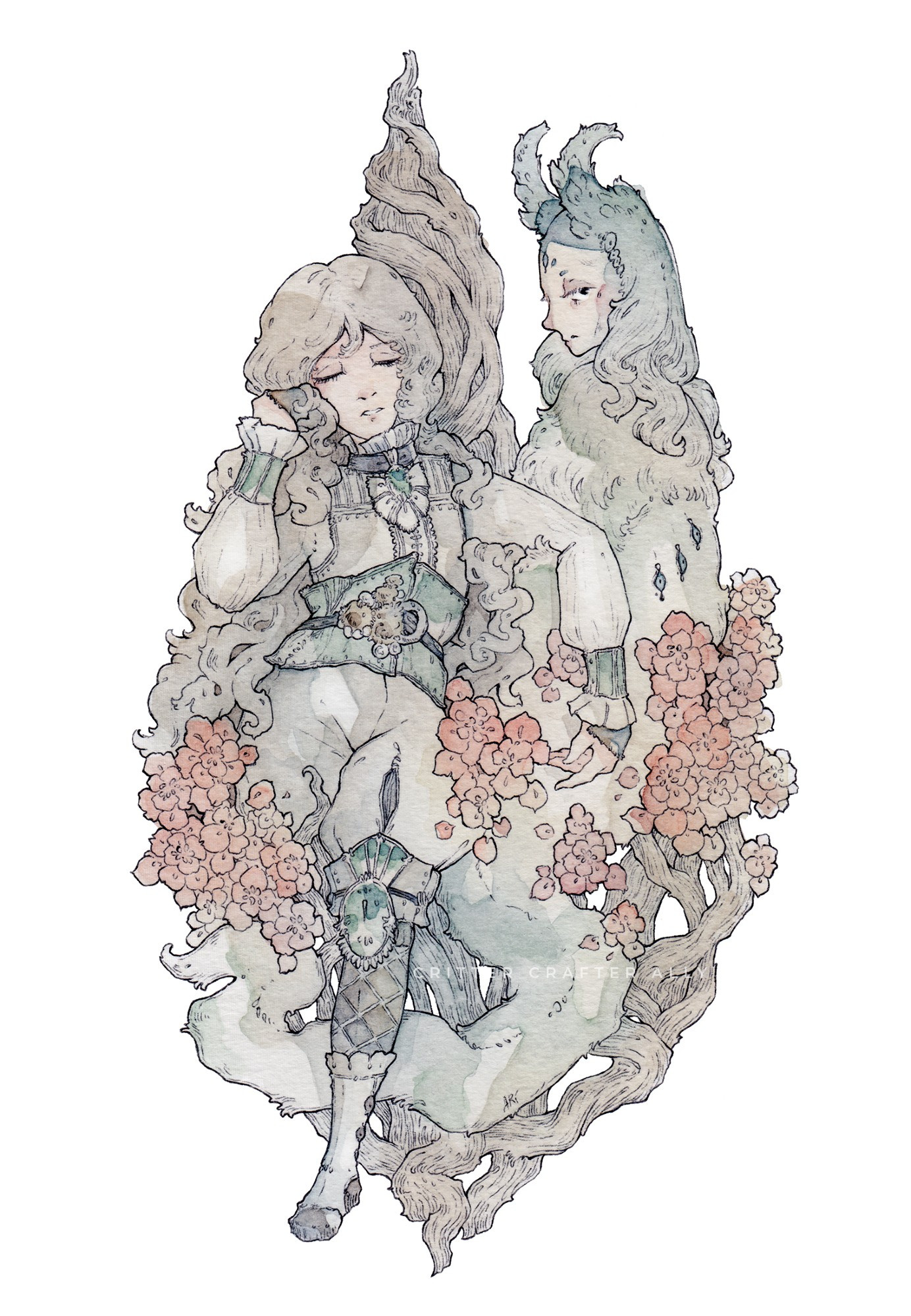 Traditional ballpoint pen and watercolor artwork of a sleeping long-haired youth with a human-faced fluffy worm creature on a seat of branches and red flowers