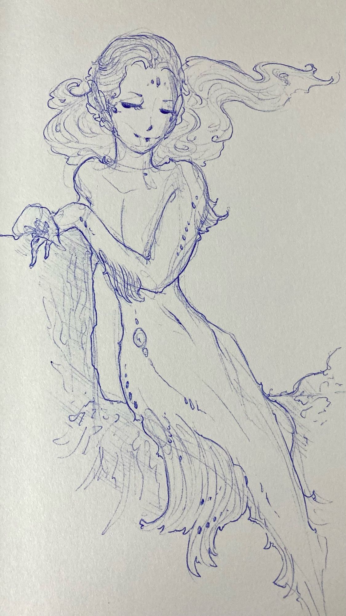 Ballpoint sketchbook drawing of a merman posing on a reef shelf