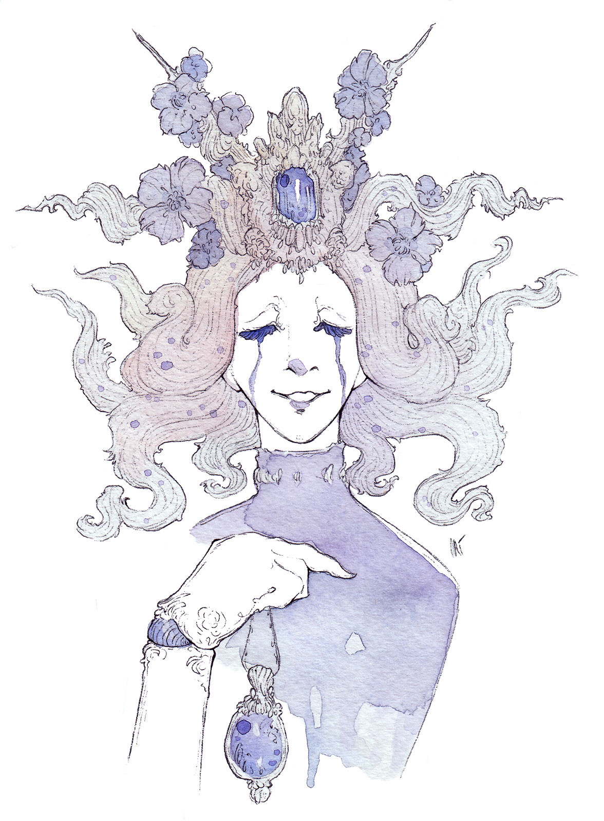 Traditional ballpoint pen and watercolor artwork of a woman with wavy hair and blue flowers with a blue pendant