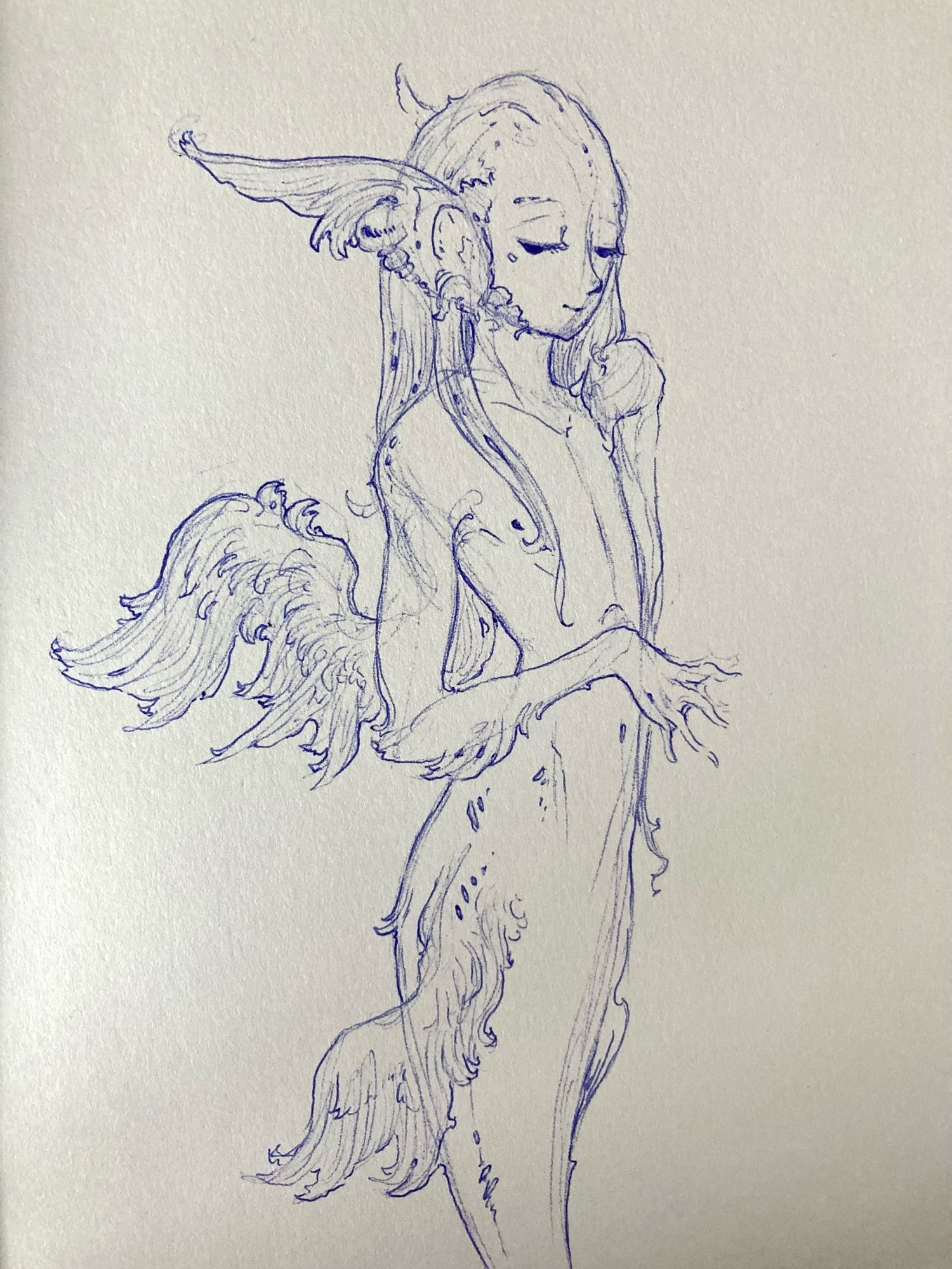 Ballpoint sketchbook drawing of merfolk with feathery fins