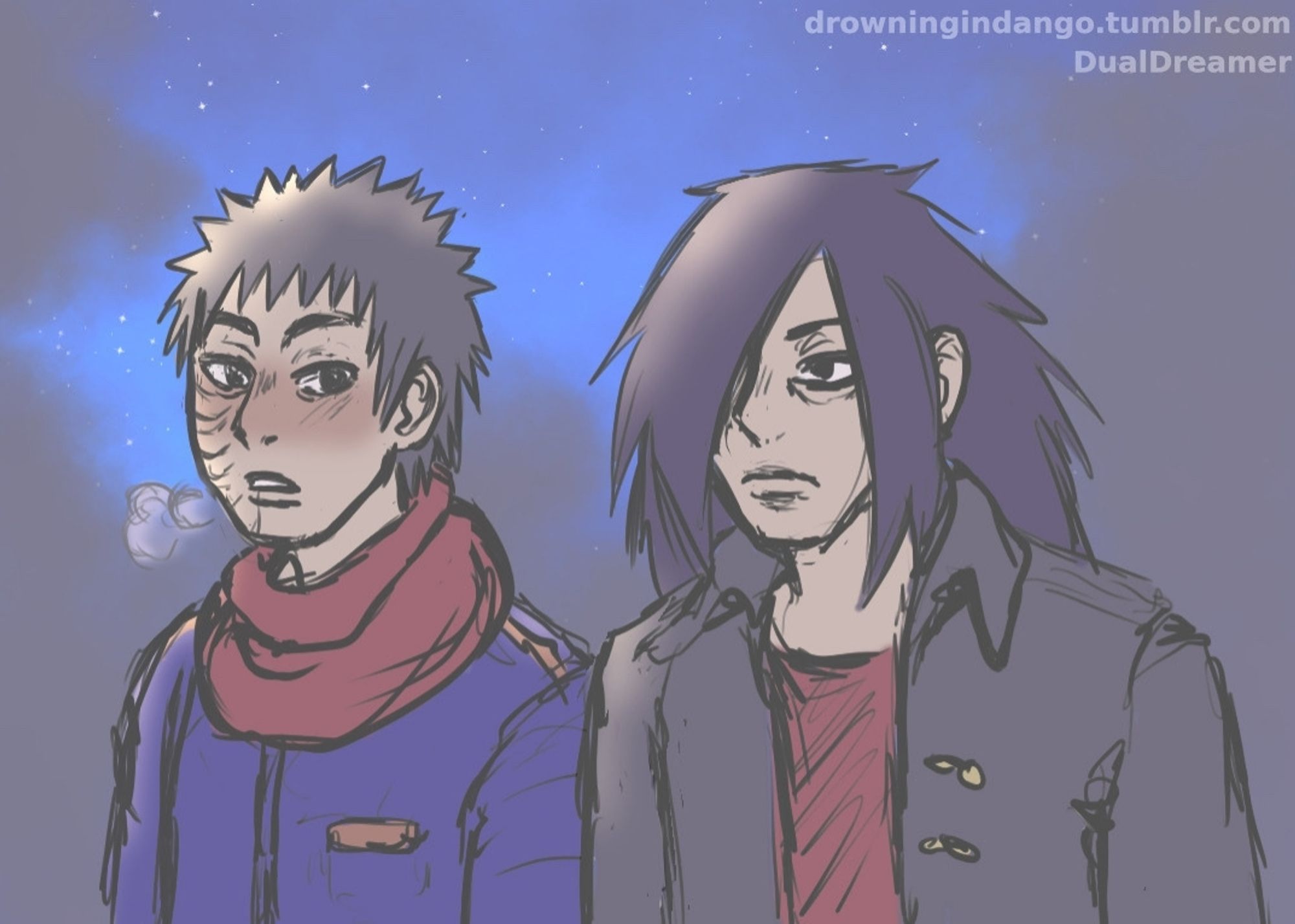 A drawing of Madara Uchiha and Obito Uchiha. They are in casual modern clothing. It's nighttime and cold. Obito is glancing at Madara from the side and blushes.