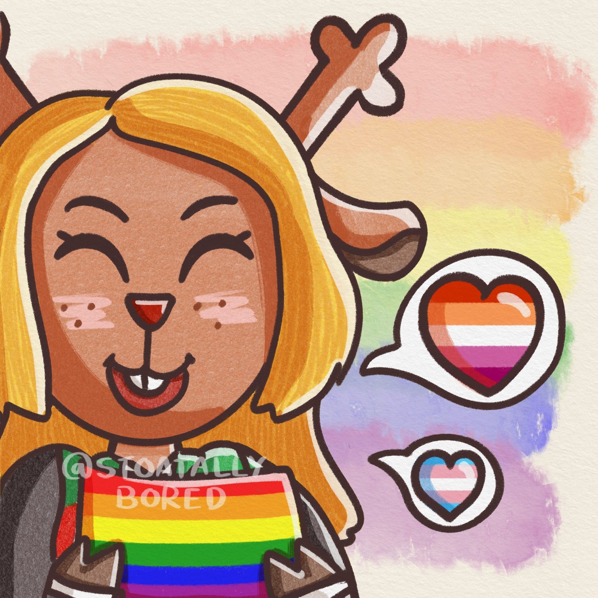 A drawing of Noelle Holiday from Deltarune, smiling and blushing while holding a rainbow gay pride flag. Two speech bubbles contain hearts with the lesbian and transgender flags. The background is made up of pastel rainbow flag colours.