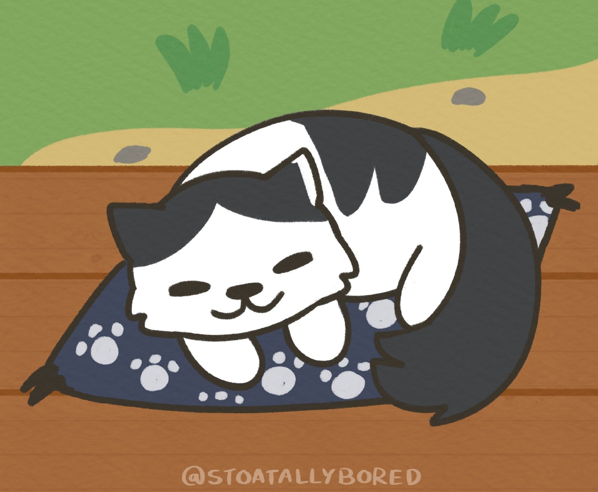 A digital drawing of a sleeping black and white fluffy cat in the style on Neko Atsume. He's sleeping on a navy-blue cushion on a wooden porch.