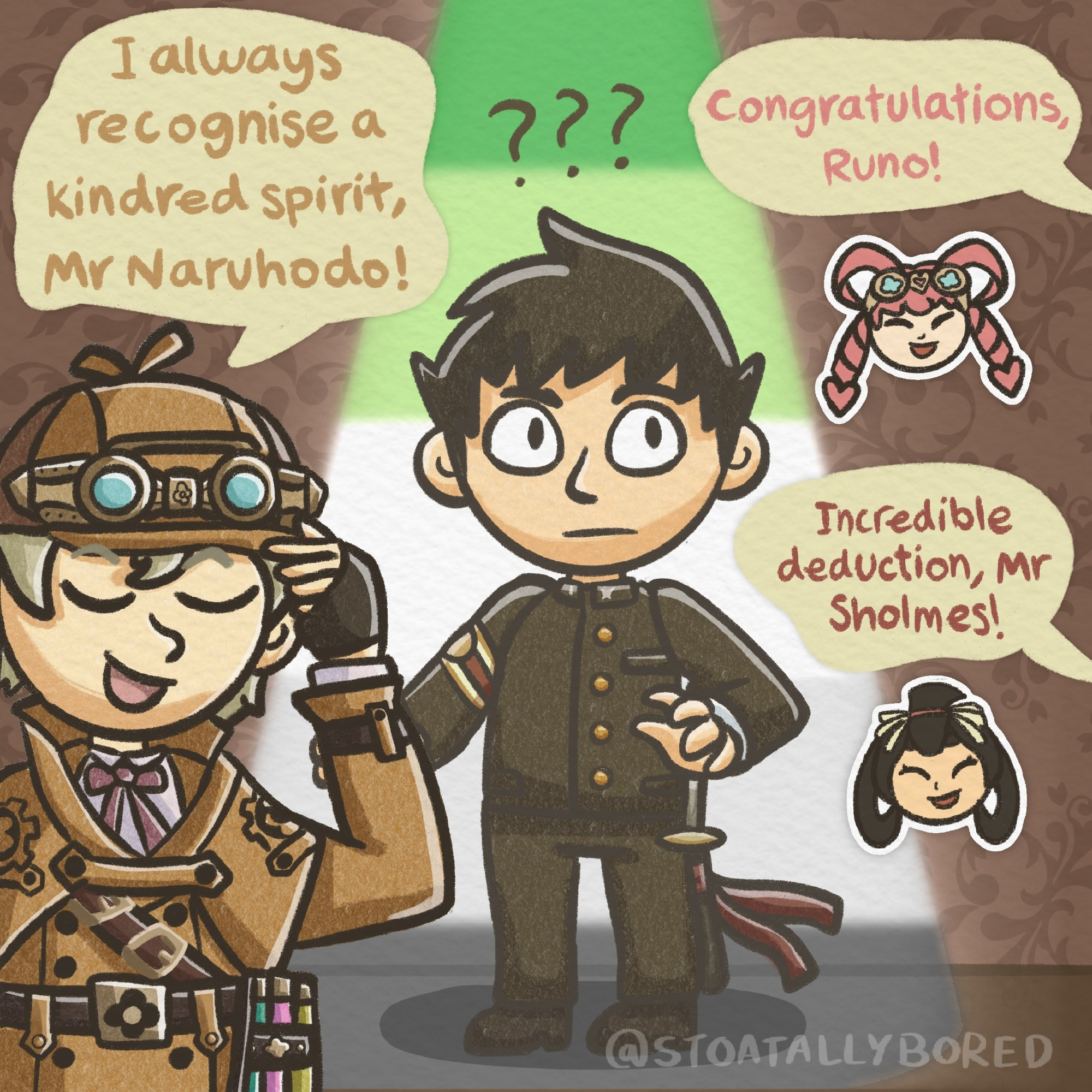 A drawing of Ryunosuke Naruhodo and Herlock Sholmes from The Great Ace Attorney Chronicles. Ryunosuke is stood in the middle with a spotlight on him coloured like the aromantic pride flag, looking baffled with "???" above his head. Herlock Sholmes is in the foreground proudly holding the brim of his hat, with a speech bubble above him reading "I always recognise a kindred spirit, Mr Naruhodo!". A little icon of Iris is on the right with the speech bubble "Congratulations, Runo!", and Susato is underneath saying "Incredible deduction, Mr Sholmes!"