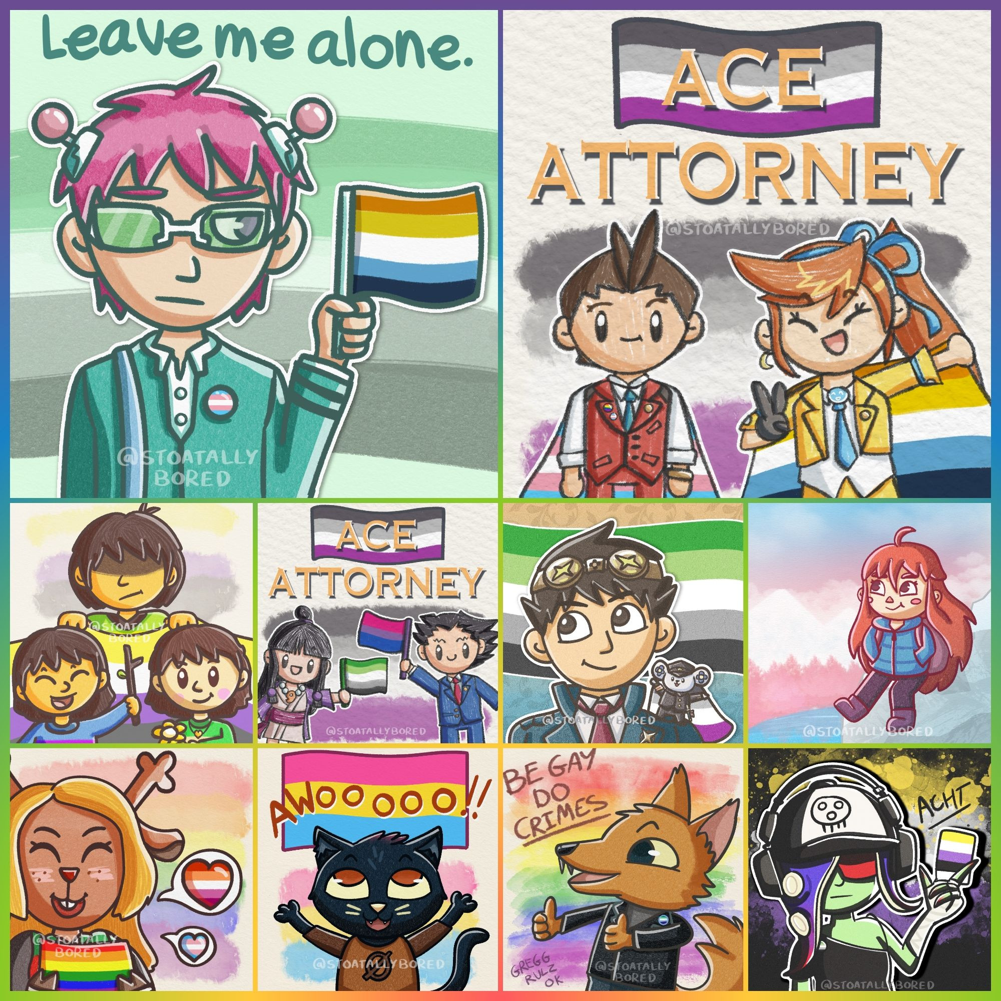 A collage of the Pride Month drawings I've posted to this account. Featuring: Aroace and trans Saiki from Saiki K, nonbinary Kris, Frisk, and Chara from Undertale/Deltarune, lesbian and trans Noelle from Deltarune, pansexual Mae and gay/mlm Gregg from Night in the Woods, transgender Madeline from Celeste, and nonbinary Acht/Dedf1sh from Splatoon. Also a series of asexual Ace Attorney characters with other flags too - bisexual Phoenix Wright, aromantic Maya Fey, trans and gay Apollo Justice, aroace Athena Cykes, and aromantic Ryunosuke Naruhodo.