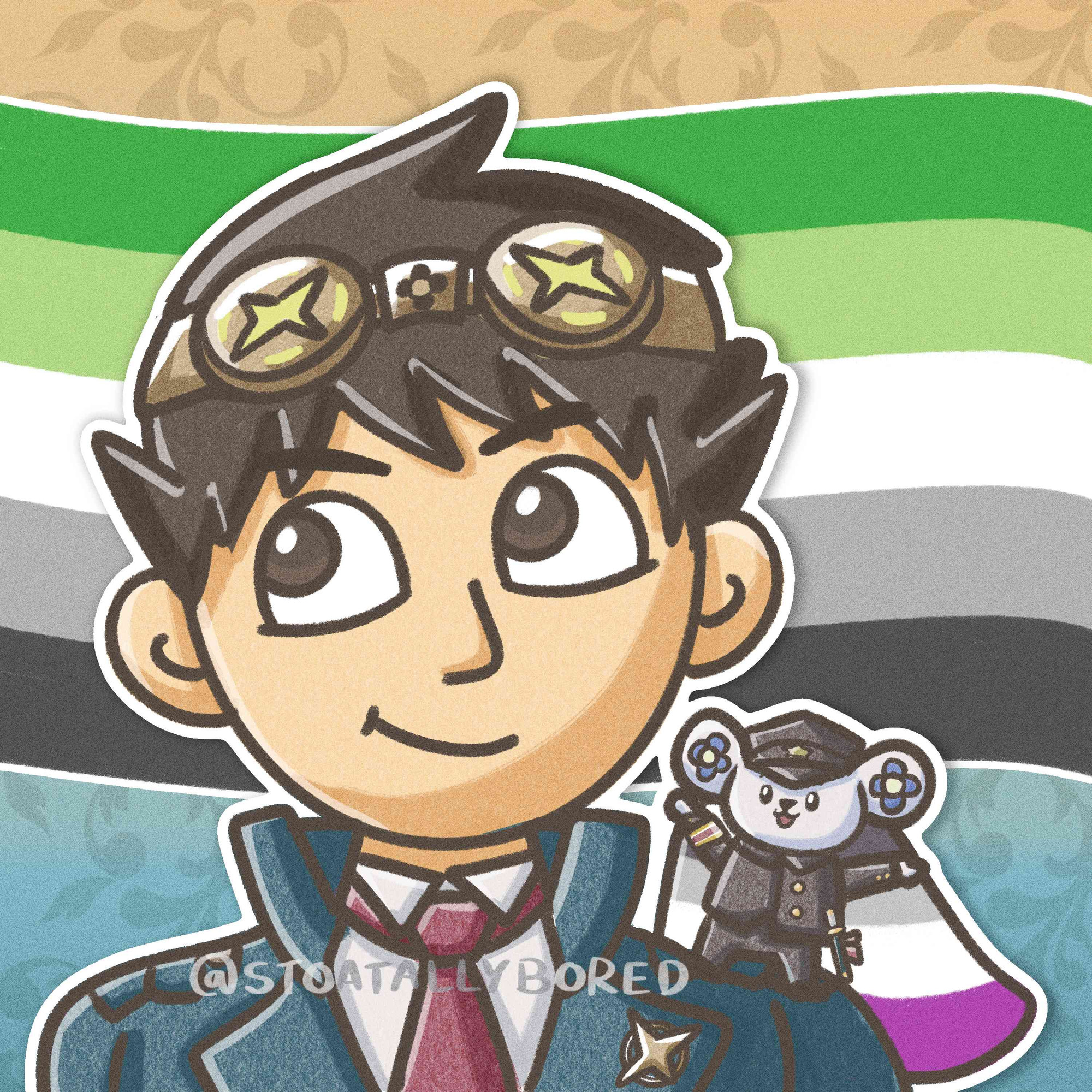 A drawing of Ryunosuke Narhuhodo from The Great Ace Attorney Chronicles in his blue DLC outfit with goggles on his head. He's smiling, and Chuunosuke the mouse is sat on his shoulder holding an asexual pride flag behind him. The aromantic pride flag is in the background, and behind that is an organe to blue gradient to represent the aroace flag.