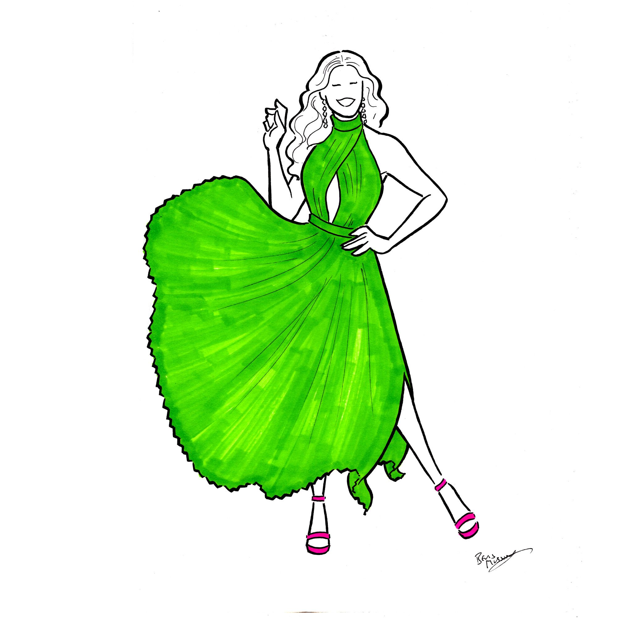 Cartoon drawing of Dannii Minogue in a green dress from I Kissed A Boy