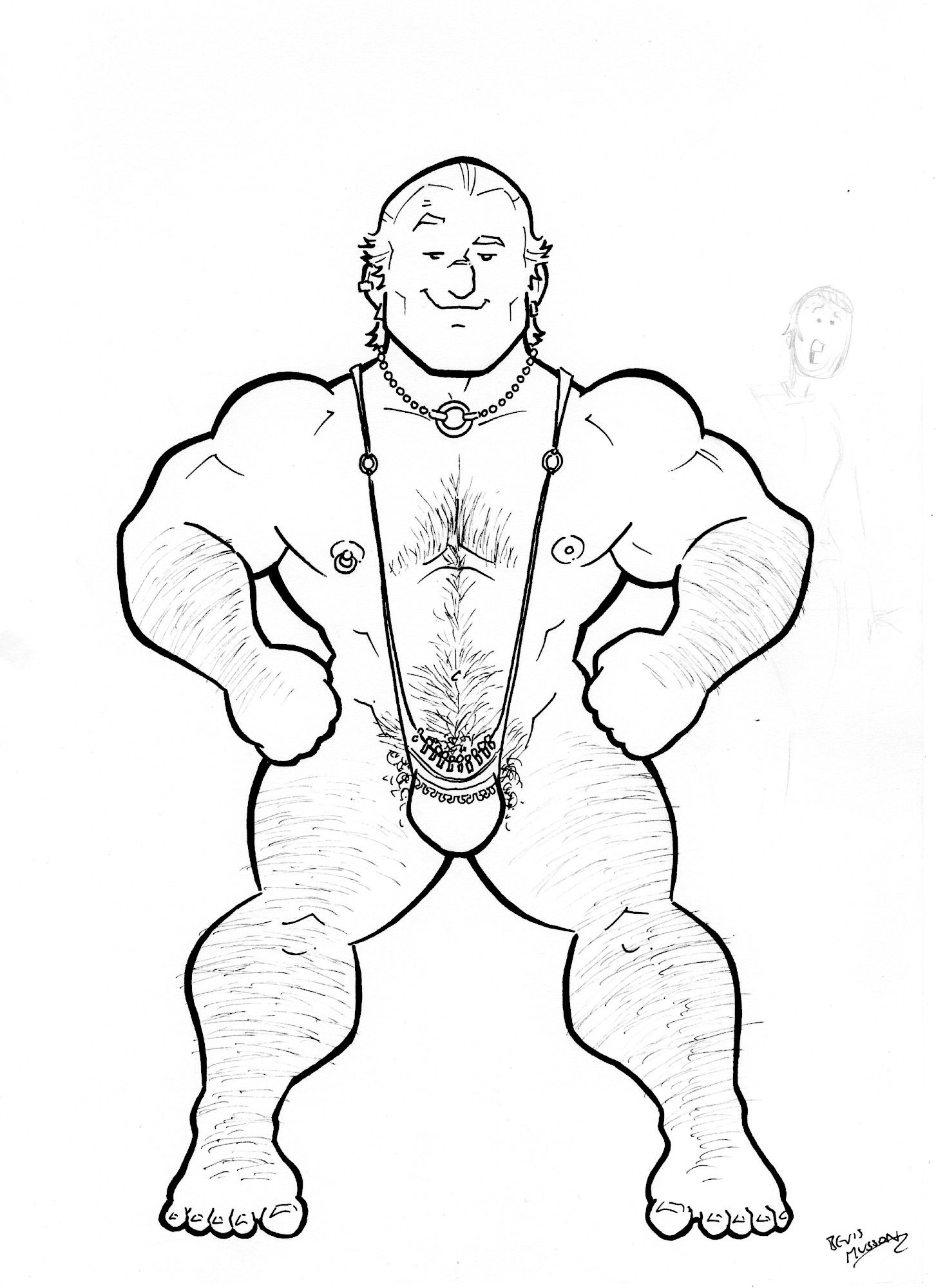 A black and white pen and ink drawing of Varric Tethras from Dragon Age posing in a tiny posing pouch