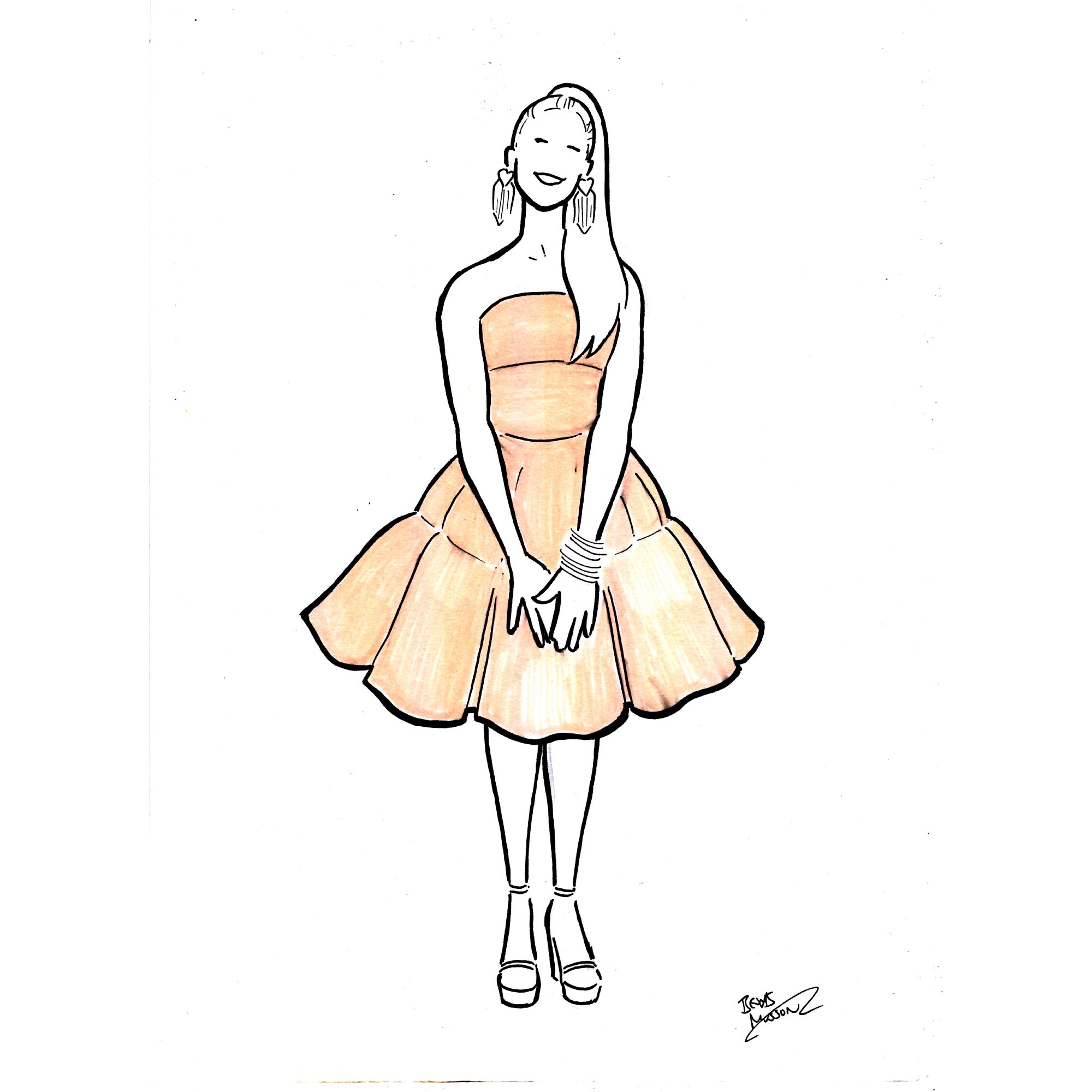 Cartoon drawing of Dannii Minogue in an orange dress from I Kissed A Boy