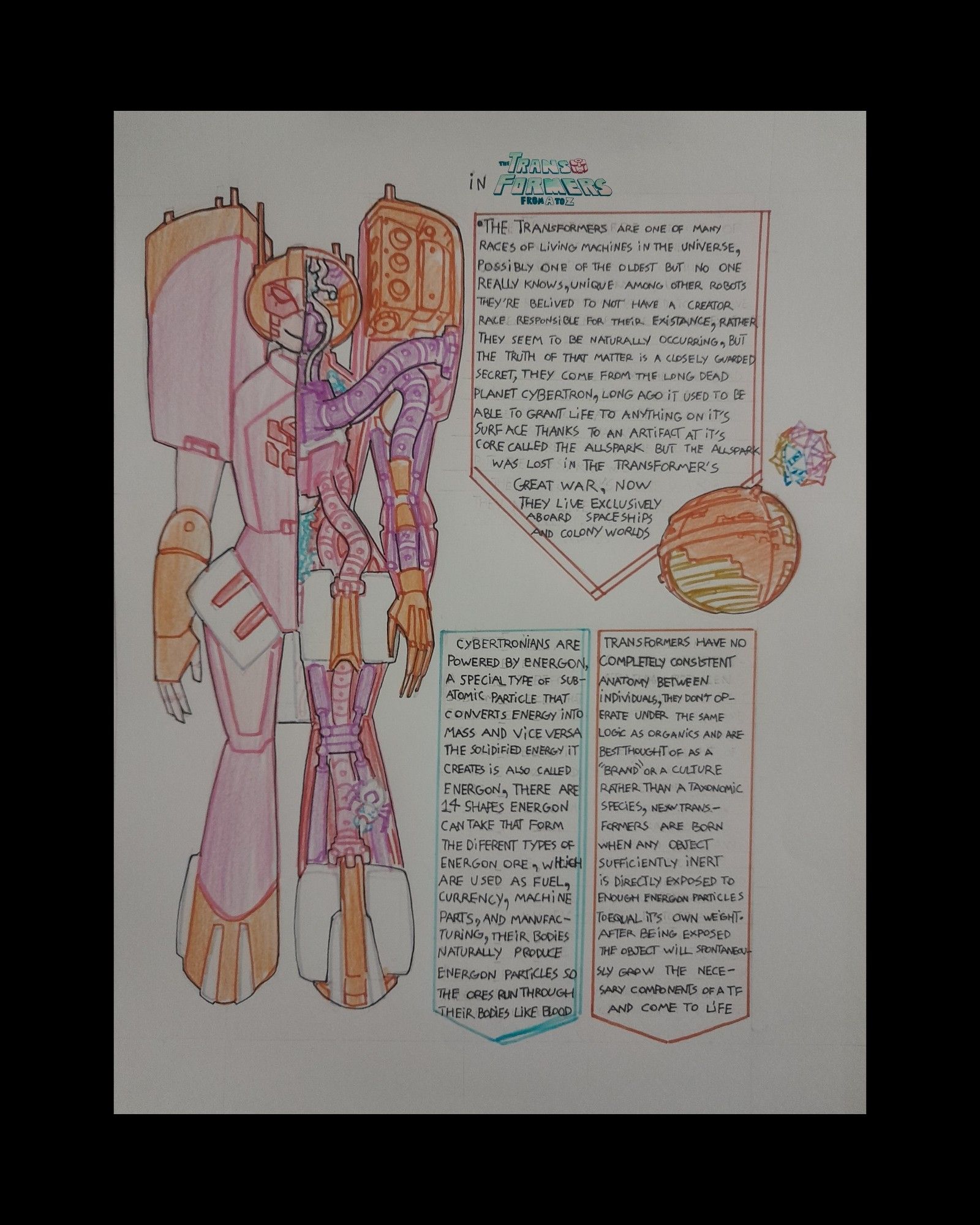 In transformers from a to z
The transformers are one of many races of living machines in thd universe,  possibly one of the oldest but no one really knows, unique among other robots they're believed to not have a creator race responsible for their creation, rather they seem to be naturally occuring, but the truth of that matter is a closely guarded secret, they come from the long dead planet cybertron, long ago it used to be able to grant life to anything on it's surface thanks to an artifact at it's core called the allspark. But the allspark was lost in the transformers' great war, now they live exclusively aboard shapeships and colony worlds.

Cybertronians are powered by energon, a special type of sub atomic particle that converts energy into mass and vice versa, the solidified energy it creates is also called energon, there are 14 shapes that energon can take that form the diferent types of energon ore, which are used as fuel, currency, machine parts, and manufacturing,