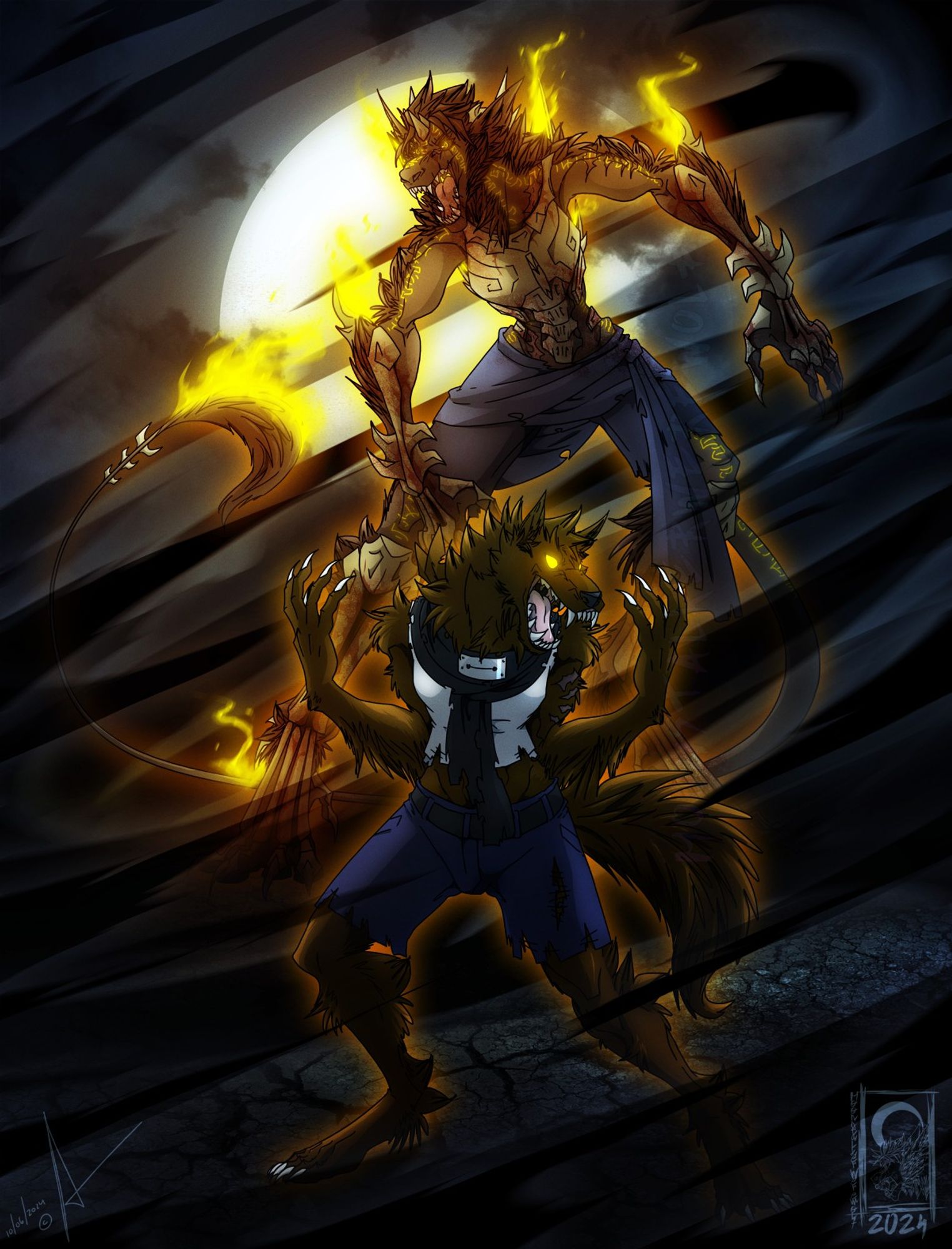 A brown female werewolf with glowing yellow eyes and ragged clothing in front of a wolflike brown-furred demon, a 15 year contrast between the same original character.