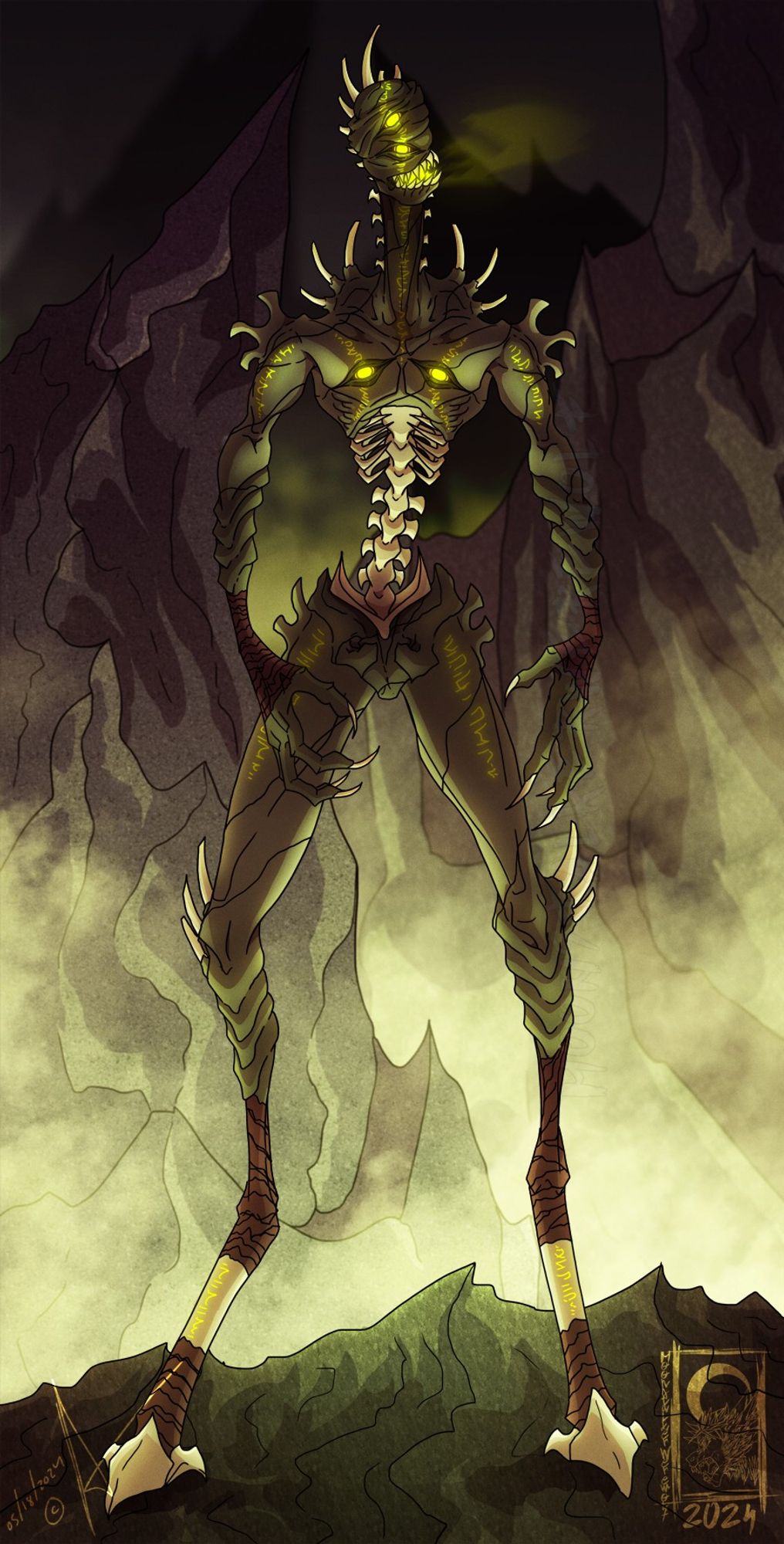 A horrifying lanky monster-demon with skeletal forms and bones protruding from it.