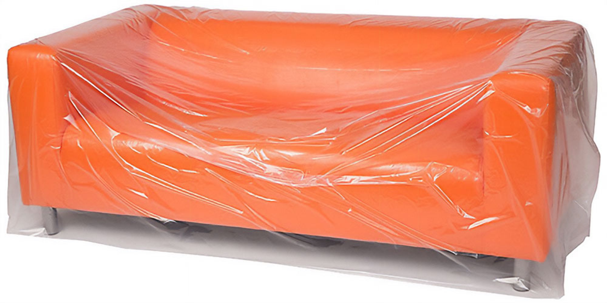 bright orange ikea klippan sofa covered in a transparent plastic sheet