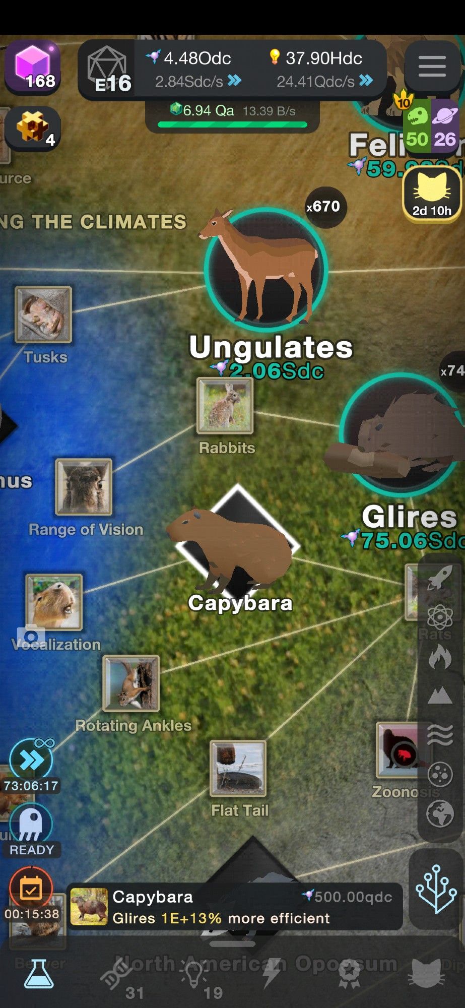 a chaotic screenshot from a game called cells, centered on an image of a capybara. along the edges of yhe screen there are icons representing various game elements. the capybara is surrounded by ungulates (hooved animals), glires (rodents and rabbits and similar) and feliforms (cats) and animal features like tusks (for ungulates), flat tail (beaver), range of vision (rabbits), and vocalization (capybara)