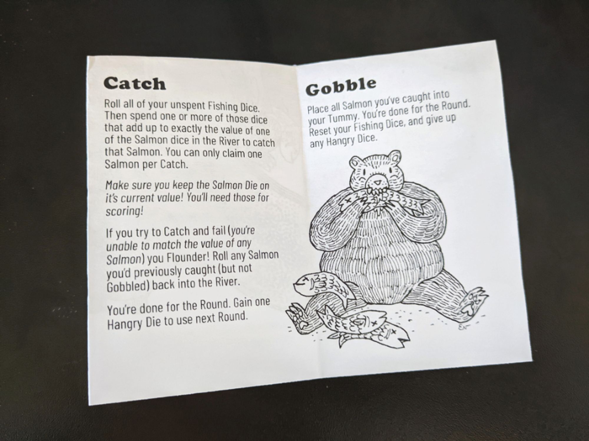 Interior pages of a small zine made by folding a single sheet of paper.

Shows the rules for Catching and Gobbling Salmon, and a delighful drawing of a bear happily monching on some salmon.