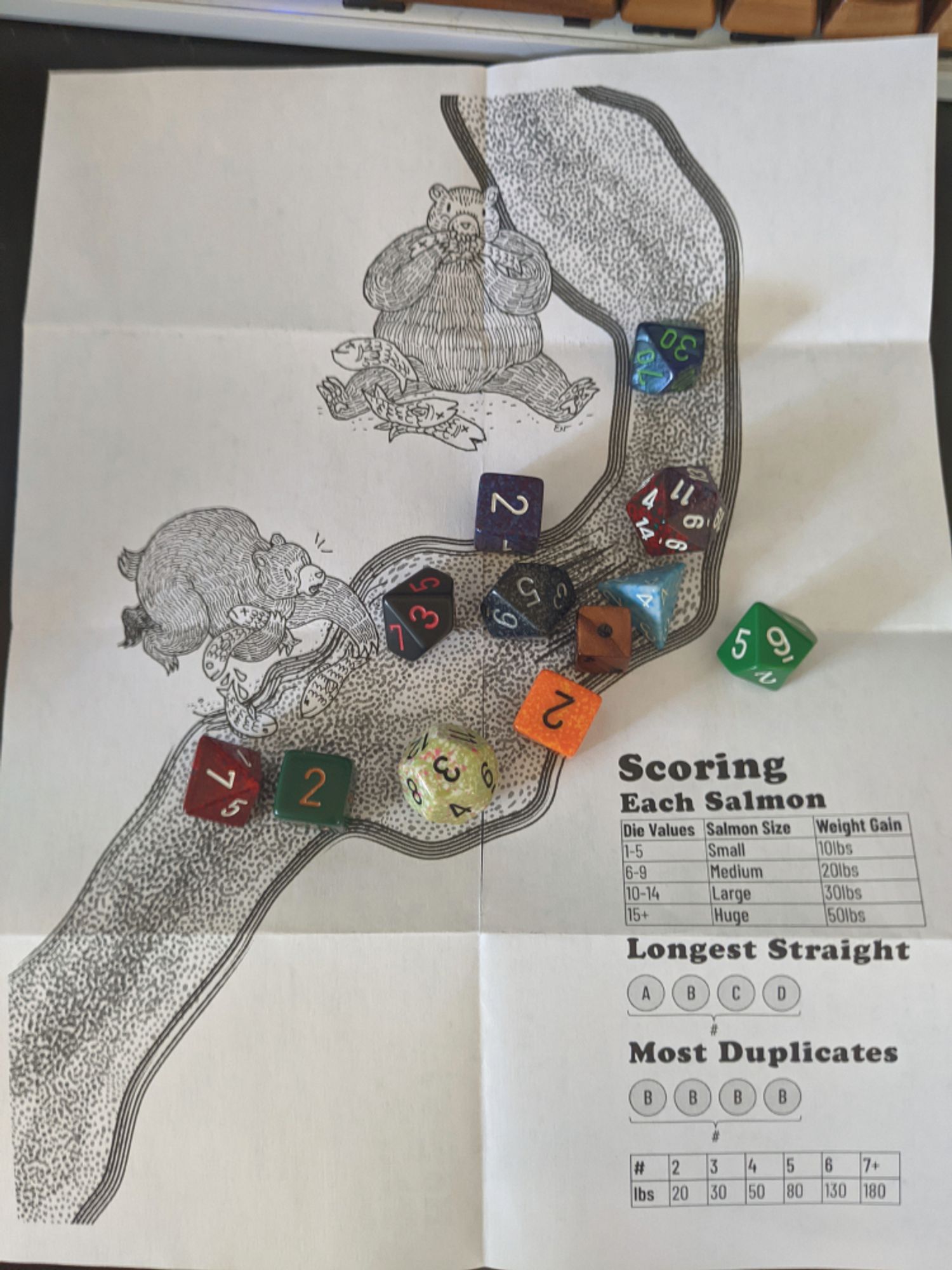 Unfolded backside of the zine, showing a doodled river with fishing bears alongside. A handful of colorful dice are scattered across the page.