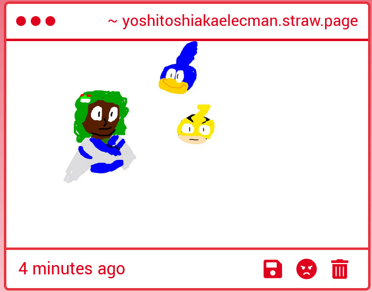 Strawpage drawing of Sanae Kochiya, Cartoon Bird tm and Elecman