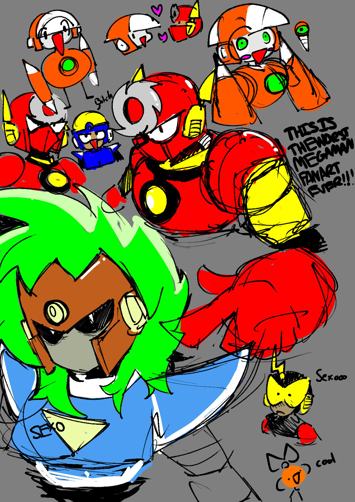 very bad doodles of Metalman, Crashman, Flashman, Terra, Elecman and Cutman from Megaman