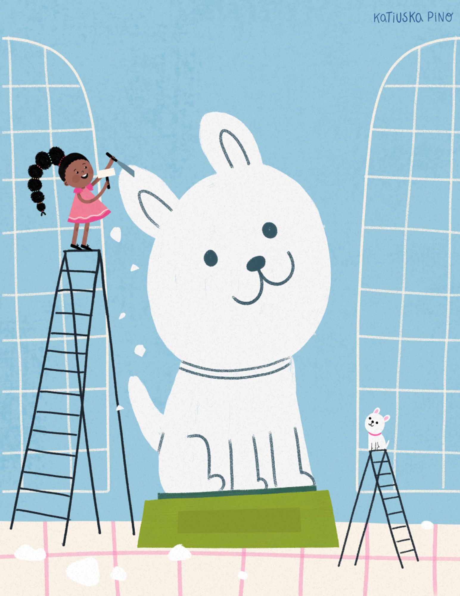 A girl on a ladder making a giant sculpture of her dog.