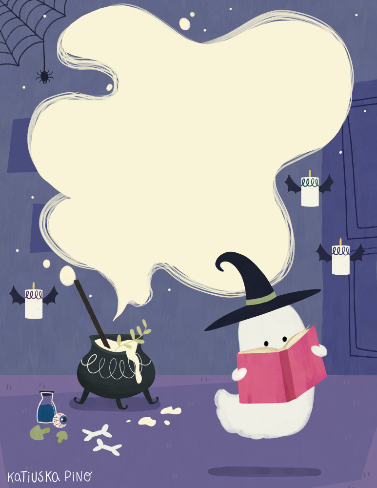 A ghost reading a book while a cauldron overflows and emits smoke.