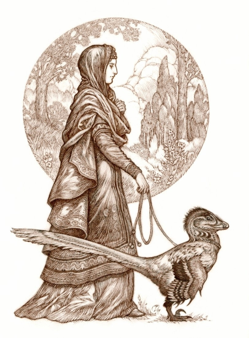 Brown pencil drawing of a lady in fine robes and a headscarf walking a feathered Velociraptor on a leash.