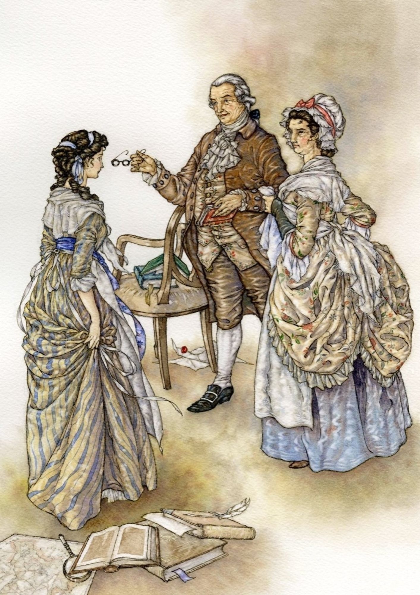 Illustration of Elizabeth Bennet and her parents from Jane Austen's Pride and Prejudice. Elizabeth is in a 1790s striped gown and wears an apron. She faces Mr. and Mrs. Bennet, who are in older clothing from the 1770s-80s. Mr. Bennet holds a book in one hand and a pair of spectacles in the other. Mrs. Bennet appears to be quite cross and looks reprovingly at her daughter. Various objects such as books, letters, and a map suggest that the scene takes place in Mr. Bennet's study.