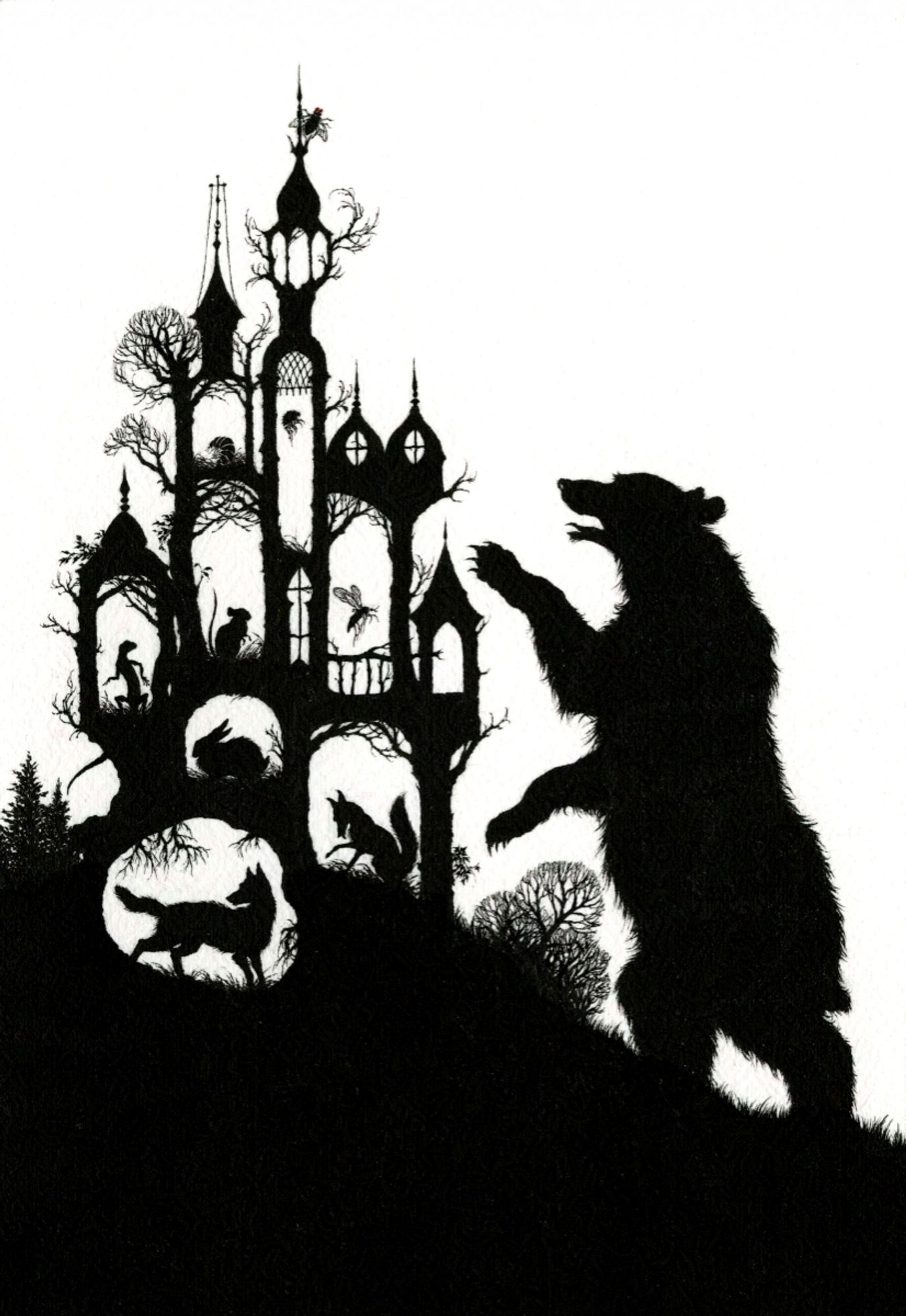 Silhouette illustration in black ink of a castle on a hillside, inhabited by a wolf, a fox, a hare, a lizard, a mouse, a gnat, a flea, a woodlouse, and a fly perched on the spire of the topmost tower. Approaching the castle is a great bear waving its forepaws as though about to strike. The castle is constructed of tree trunks and limbs, with many of the branching parts still intact.