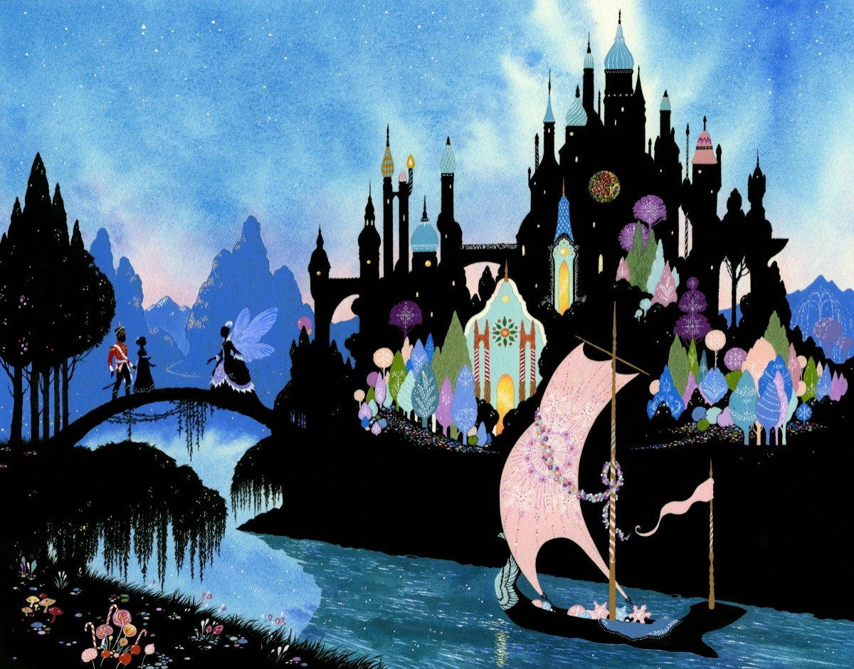 5th spread of The Nutcracker, illustrated by me, published by Walker Books, 2015.

Ink, watercolour, and gouache on Saunders Waterford hot pressed paper. 

Silhouette illustration with elements in colour. The Nutcracker Prince and Clara meet the Sugarplum Fairy on a bridge leading to a resplendent castle of many turrets and coloured domes. A sailboat laden with sweets glides by in the castle moat.