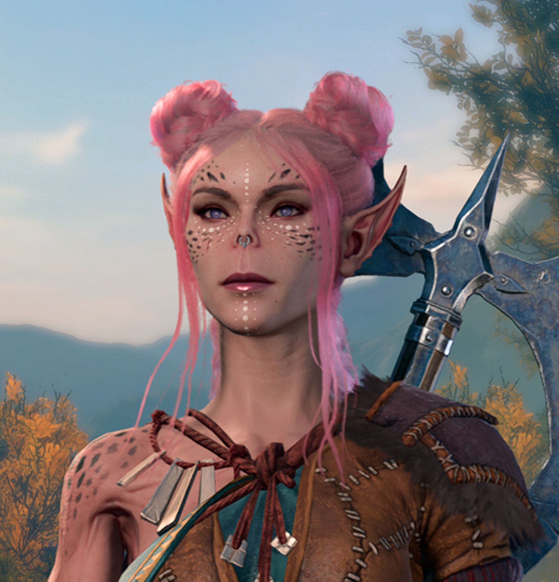 A picture of a very pink githyanki female barbarian from Baldur's Gate 3.