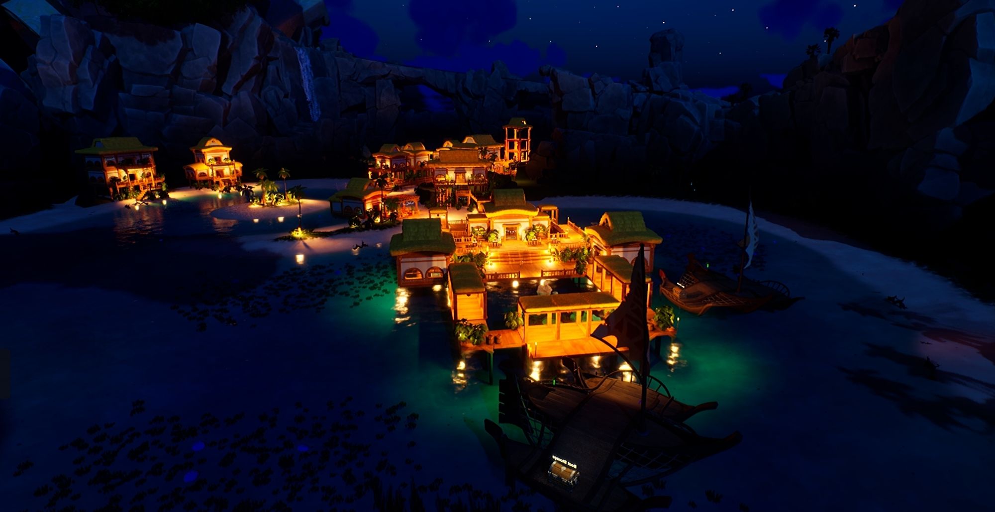 Screenshot from the Voyagers of Nera alpha playtest. Aerial view of a Polynesian style base. Thatched roofs, wooden decking and tropical green plants. Two catamarans are silhouetted against the Azure color waters. It is at night and the sky is dark blue and dotted with white stars.