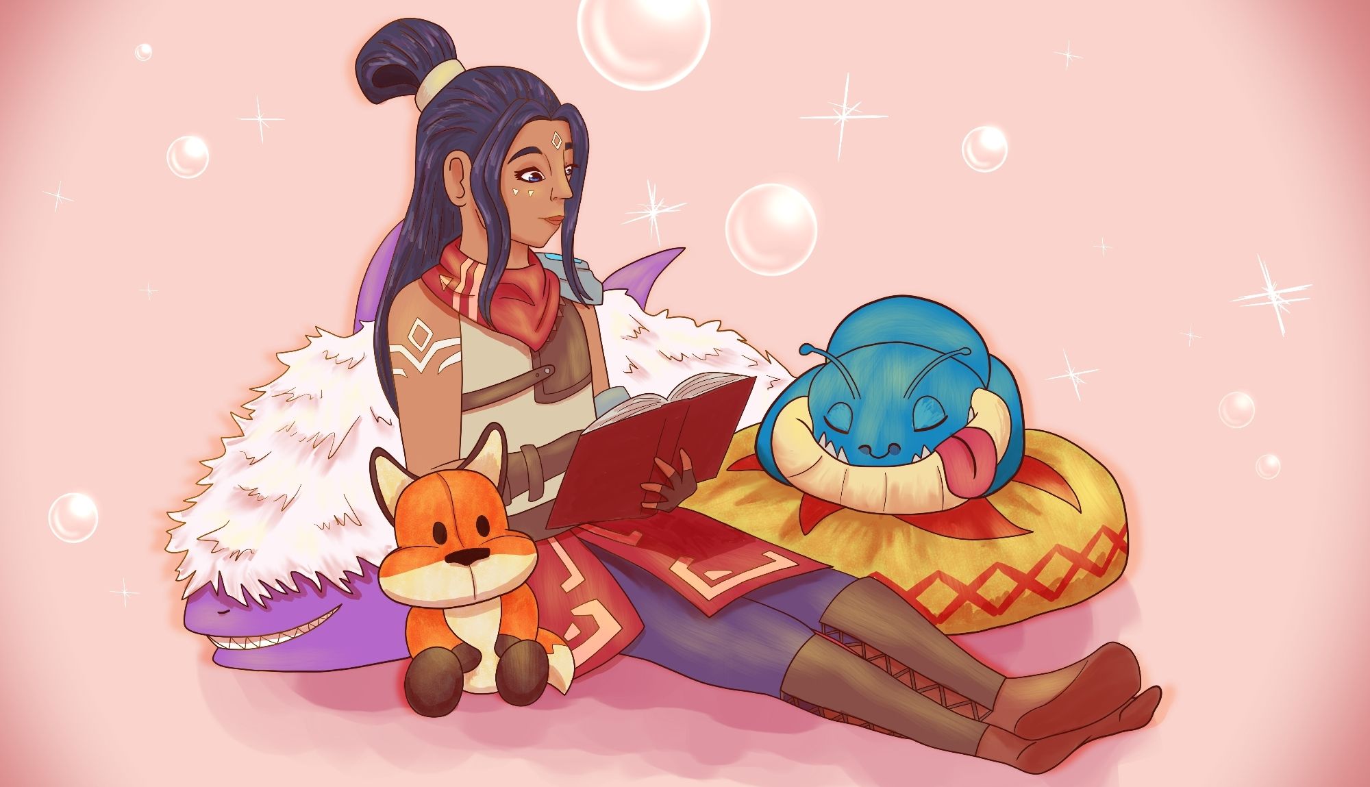 Fan art by artist, Azure Rose. Light pink background with white bubbles and sparkles in the air. Voyager of Nera character with long brown hair, and tattoos sitting with legs outstretched reading a book. A bullwog pet sleeps next to her upon a beige and red design pillow. The character is leaning against a giant white and purple sheepshark plushie and an orange fox plushie is sitting beside her.