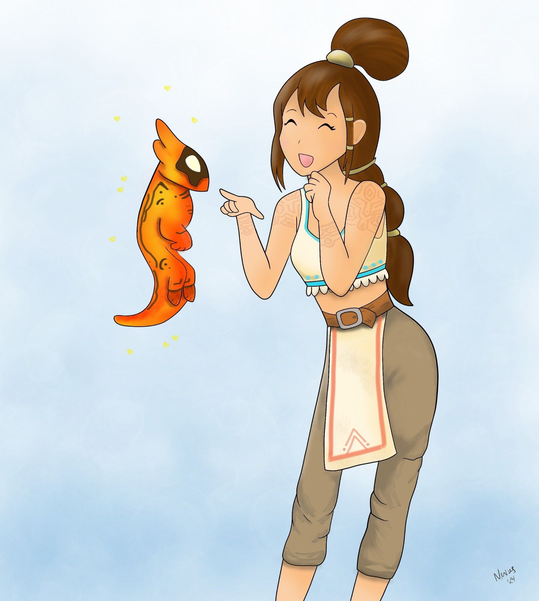 Anime style fanart of a young woman with long brown hair booping the nose of a fire spirit that resembles a salamander.