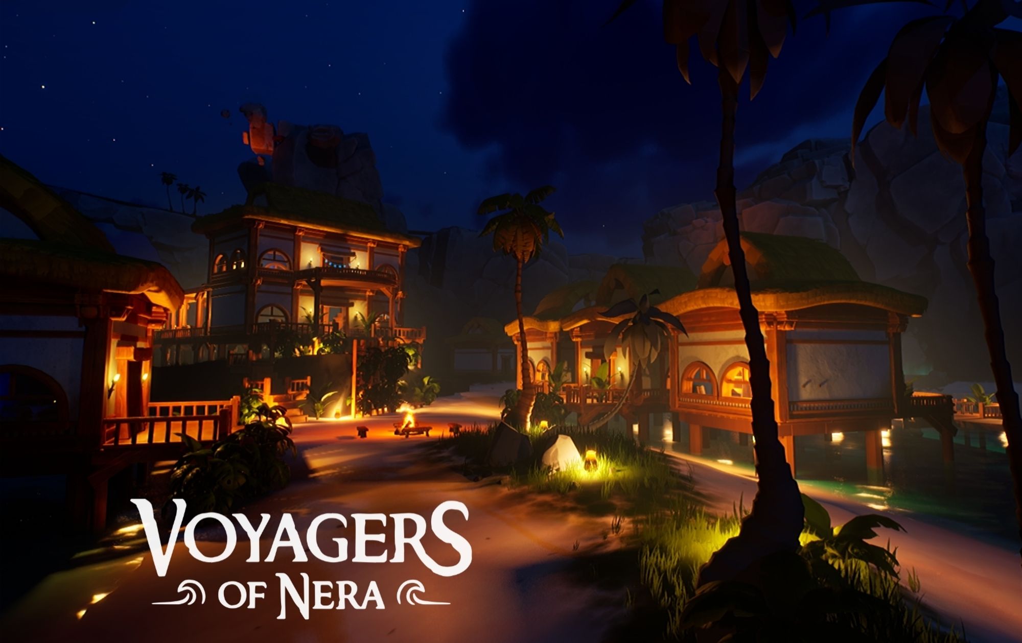 Screenshot from Voyagers of Nera alpha playtest. Starry evening sky with rocky mountain outcroppings in the background. Sandy beach dotted with tall palm trees and Polynesian style housing along the shoreline. Soft lighting illuminates the buildings and a fire pit surrounded by benches glows in the distance.